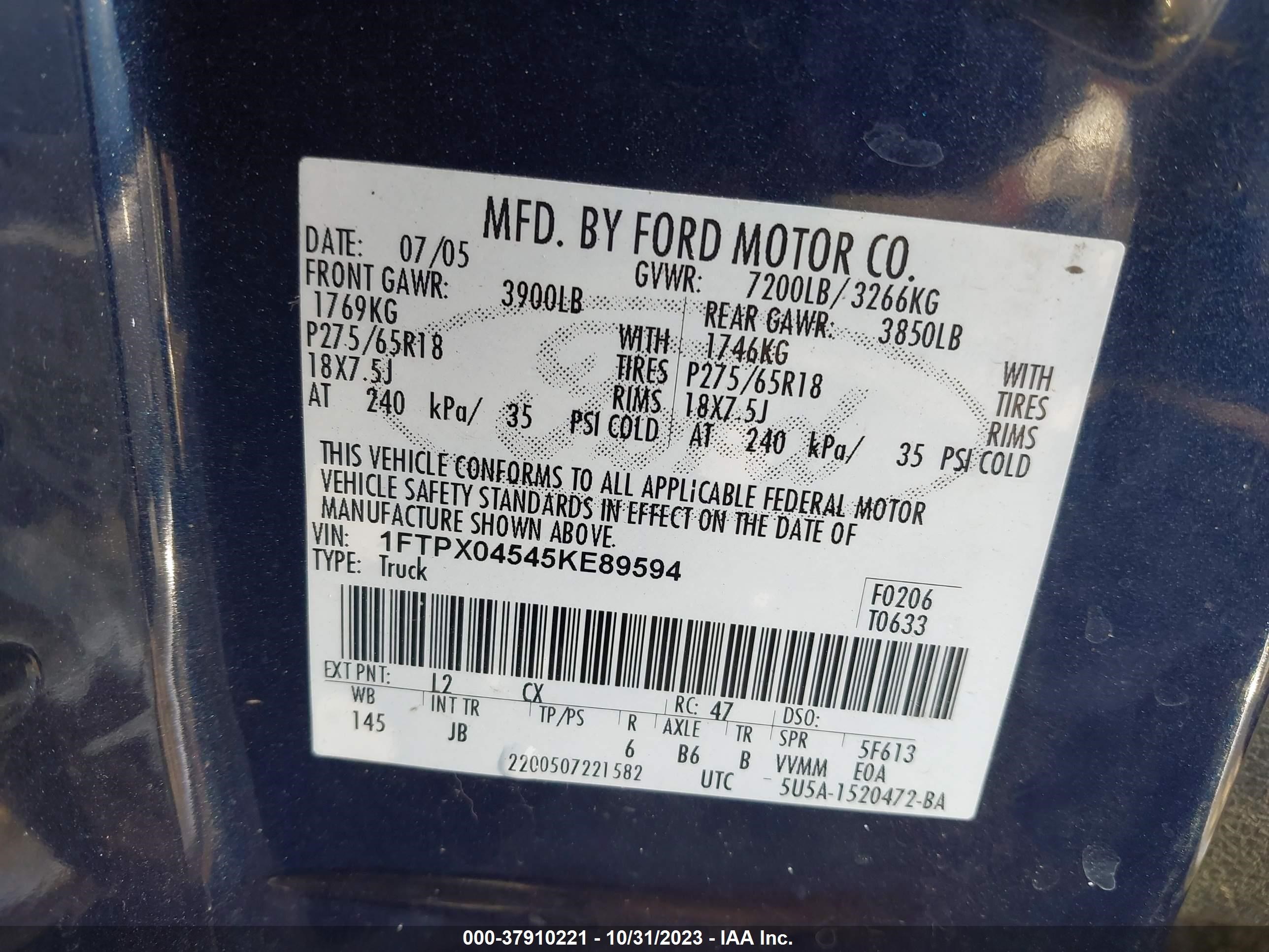 Photo 8 VIN: 1FTPX04545KE89594 - FORD F-150 