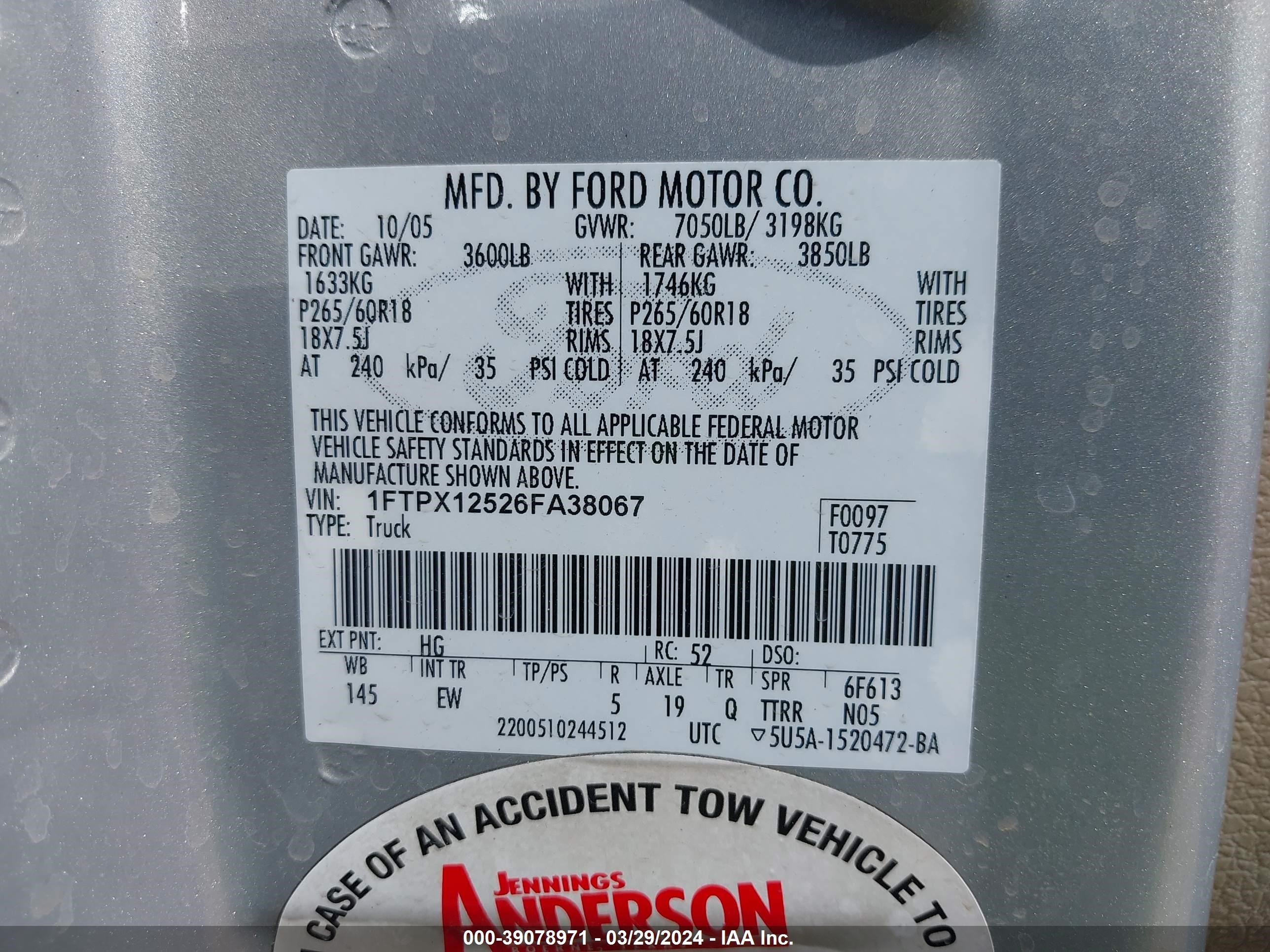 Photo 8 VIN: 1FTPX12526FA38067 - FORD F-150 