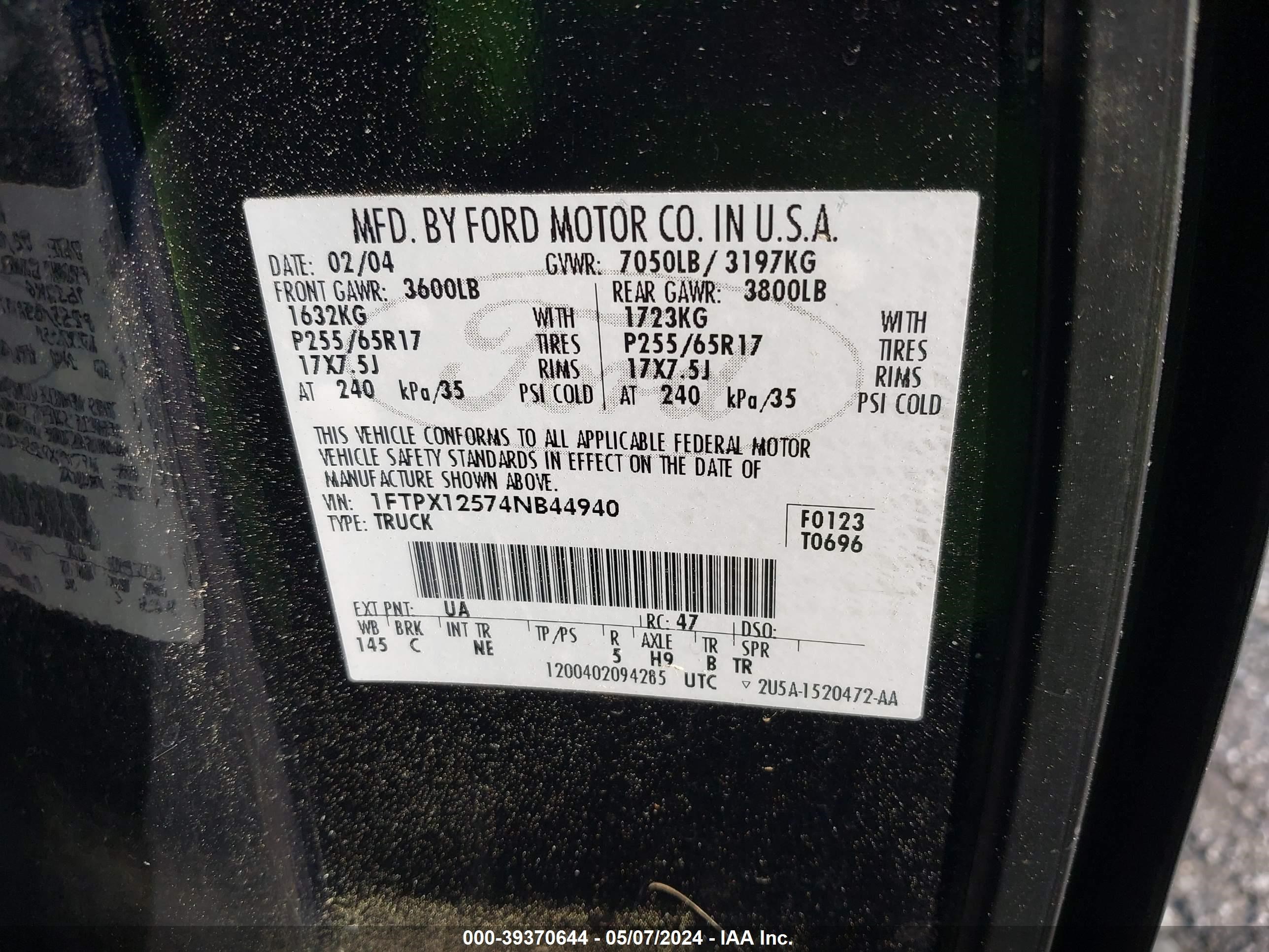 Photo 8 VIN: 1FTPX12574NB44940 - FORD F-150 