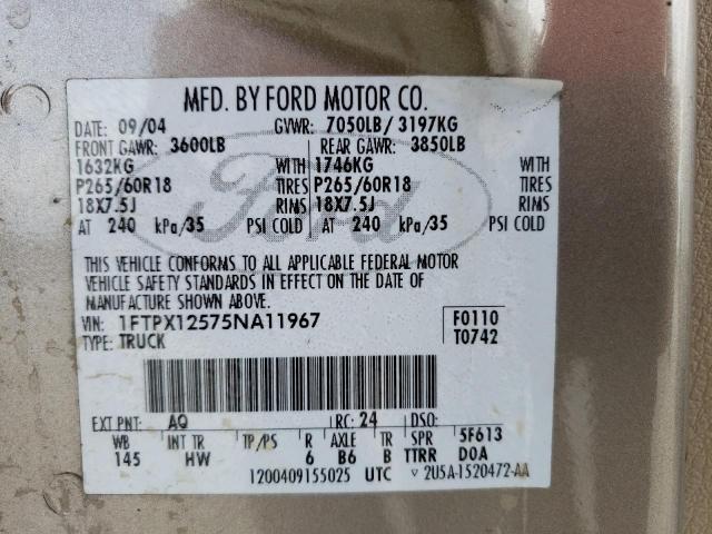 Photo 11 VIN: 1FTPX12575NA11967 - FORD F150 