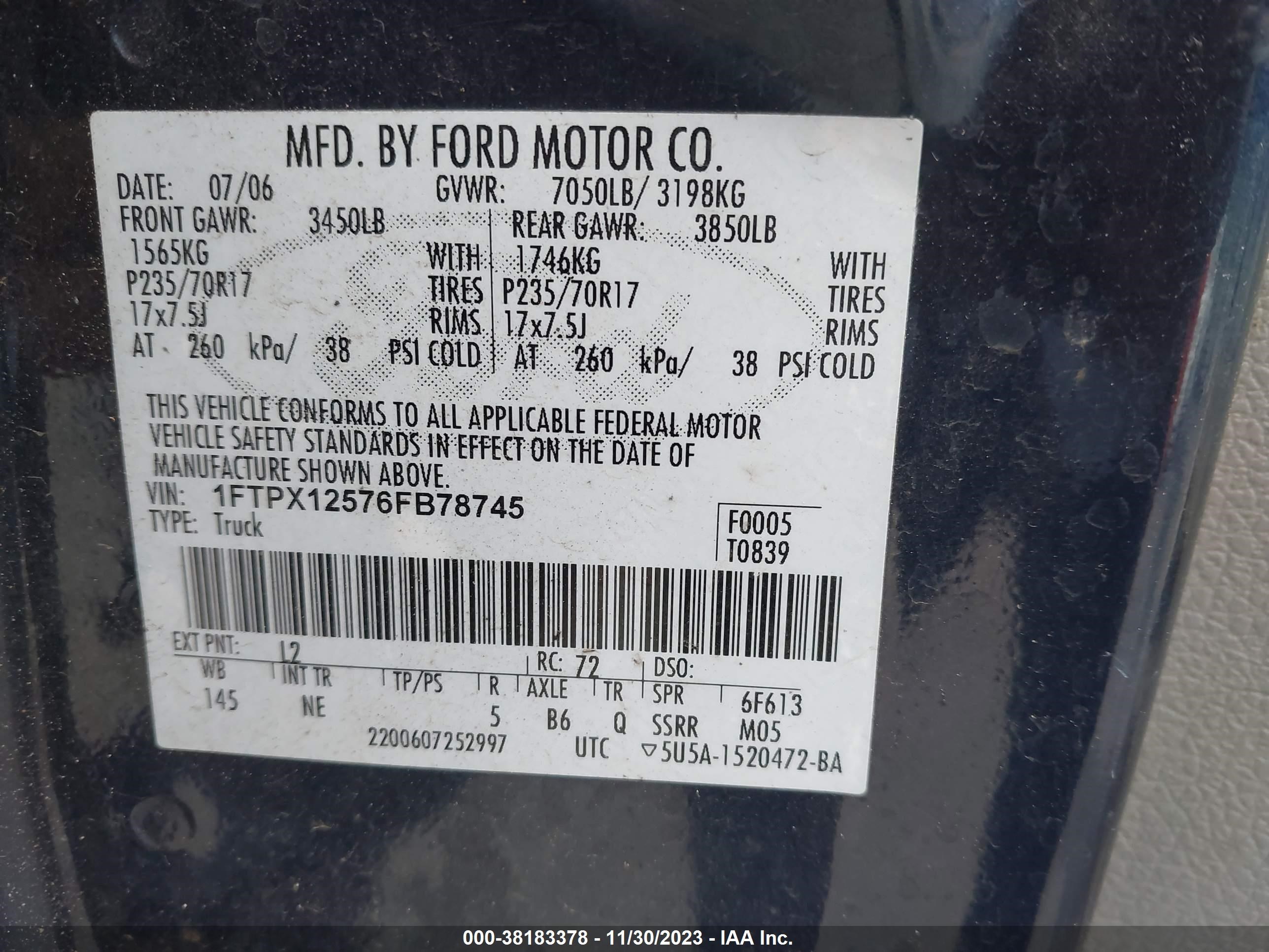 Photo 8 VIN: 1FTPX12576FB78745 - FORD F-150 