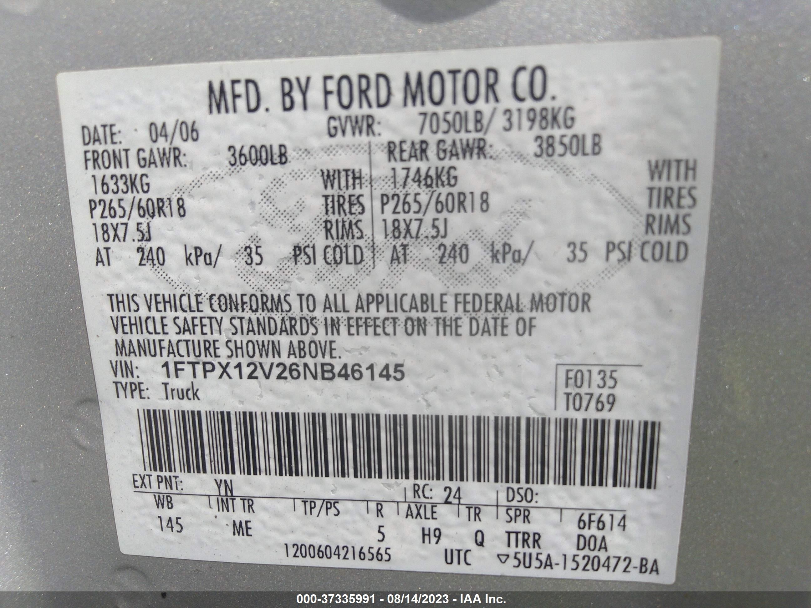 Photo 8 VIN: 1FTPX12V26NB46145 - FORD F-150 