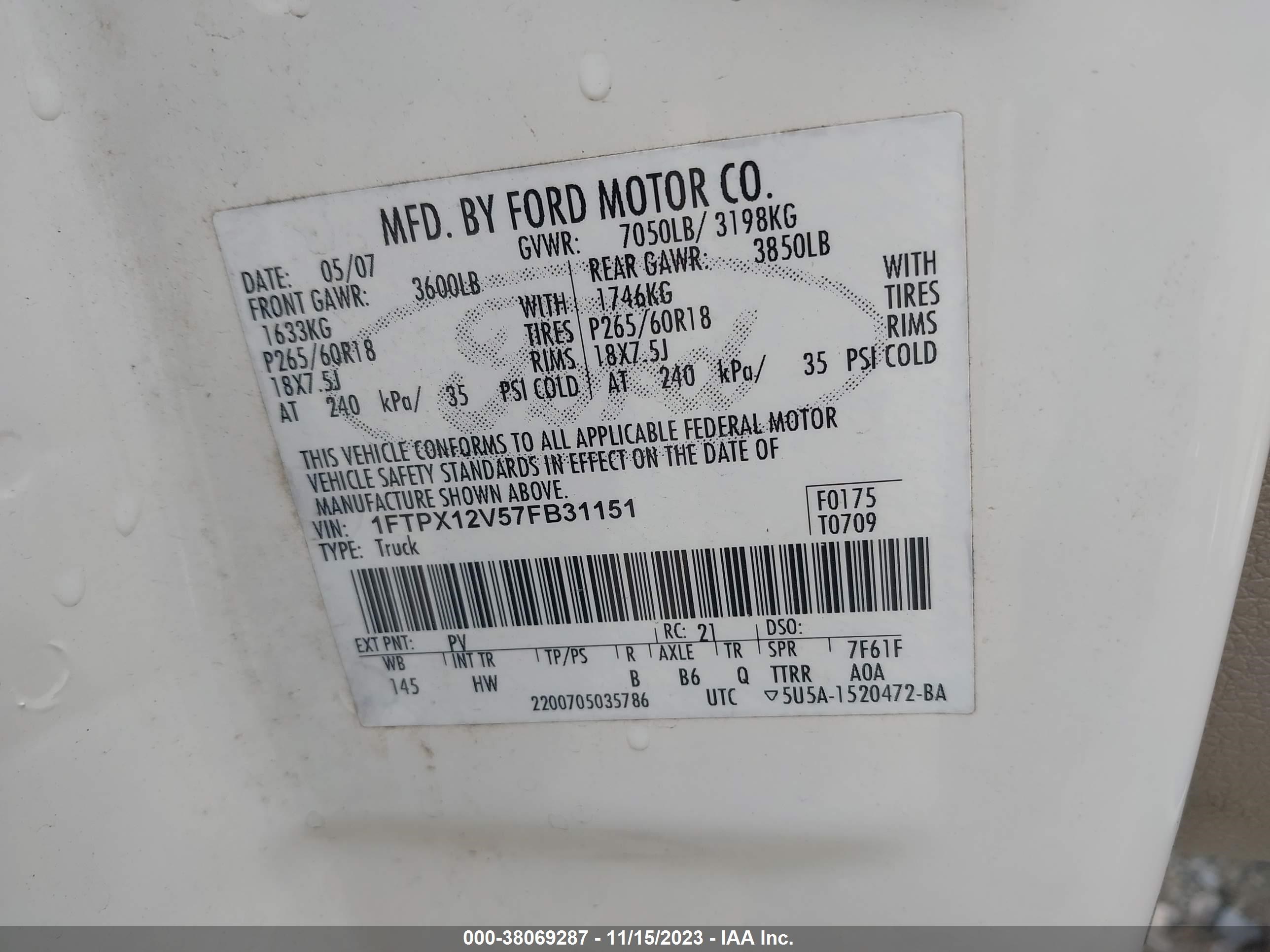 Photo 8 VIN: 1FTPX12V57FB31151 - FORD F-150 