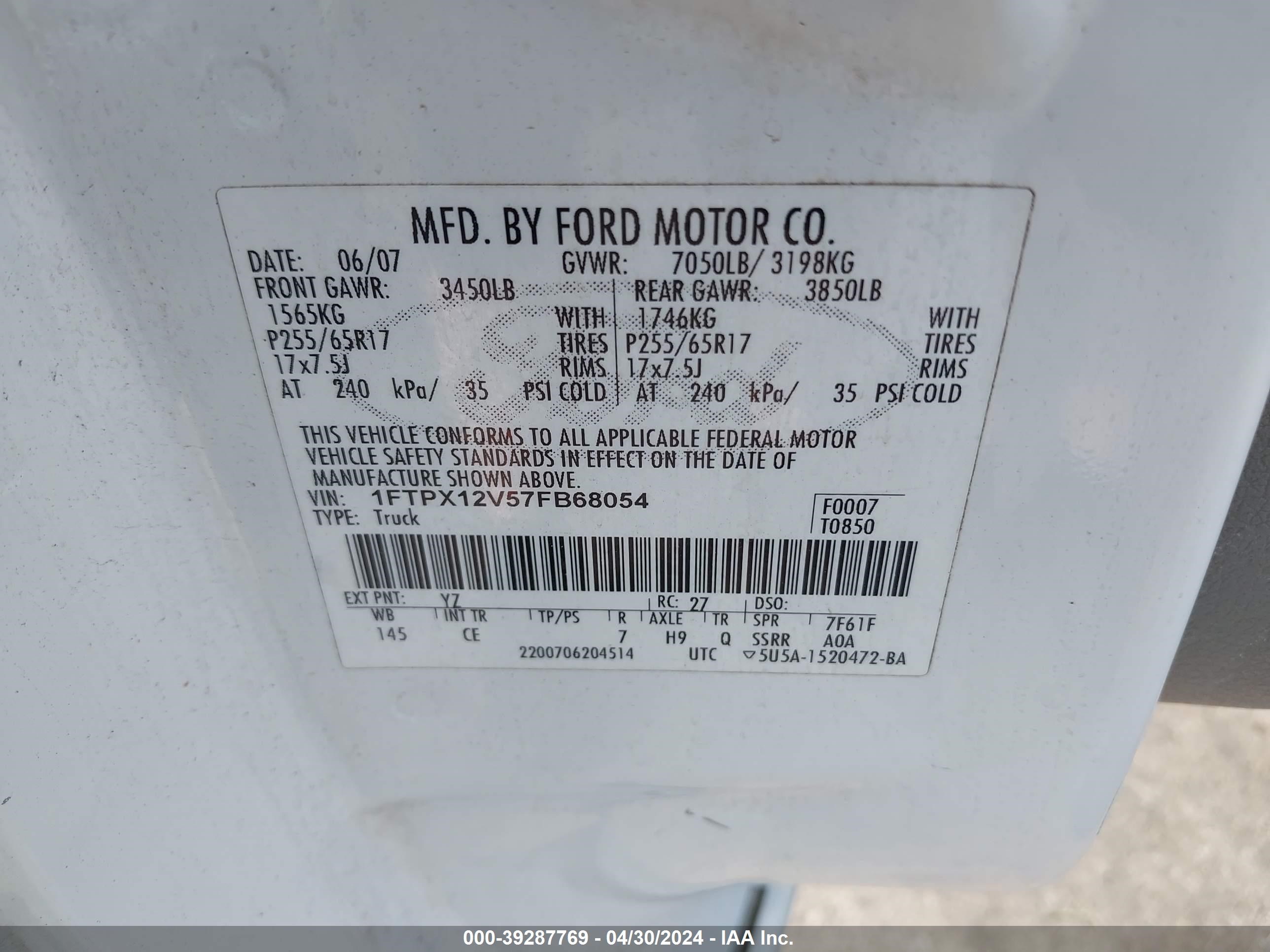 Photo 8 VIN: 1FTPX12V57FB68054 - FORD F-150 