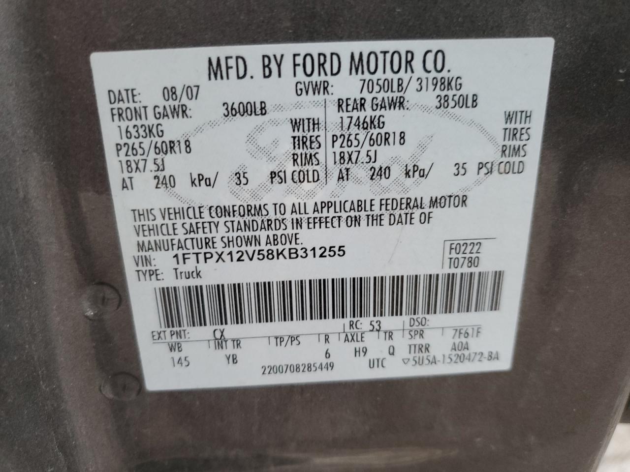 Photo 11 VIN: 1FTPX12V58KB31255 - FORD F-150 