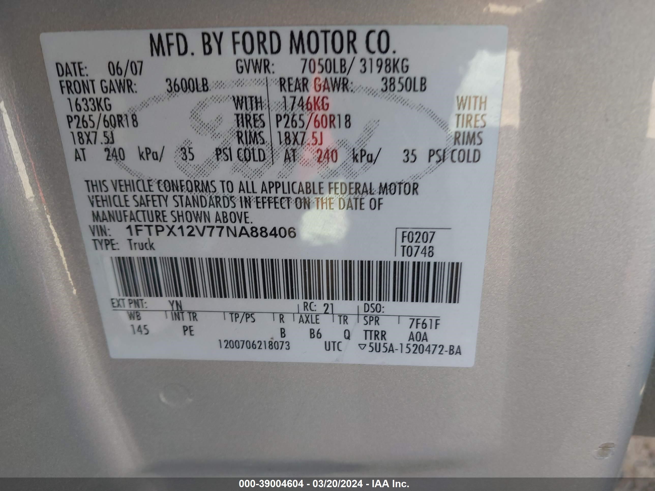 Photo 8 VIN: 1FTPX12V77NA88406 - FORD F-150 