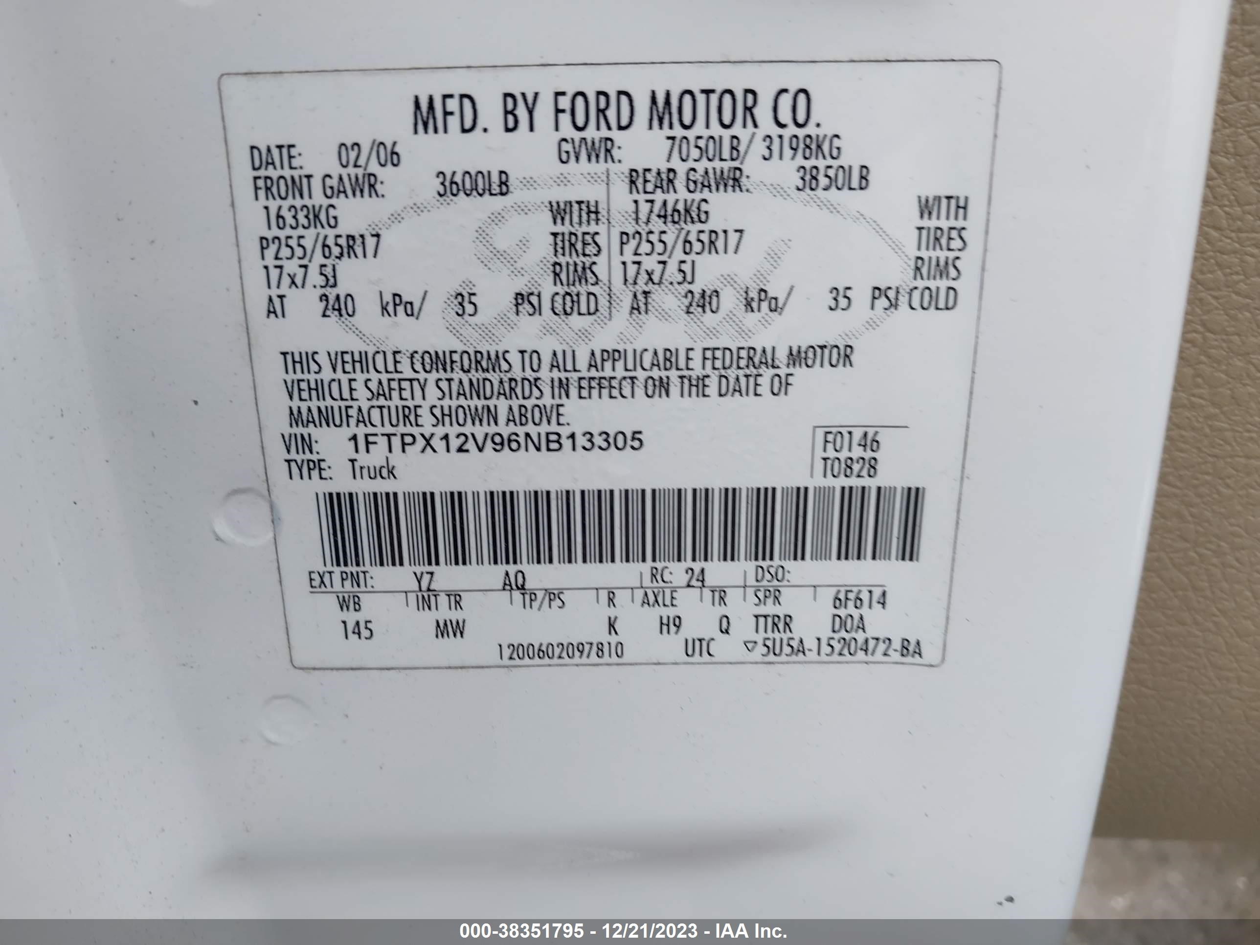 Photo 8 VIN: 1FTPX12V96NB13305 - FORD F-150 