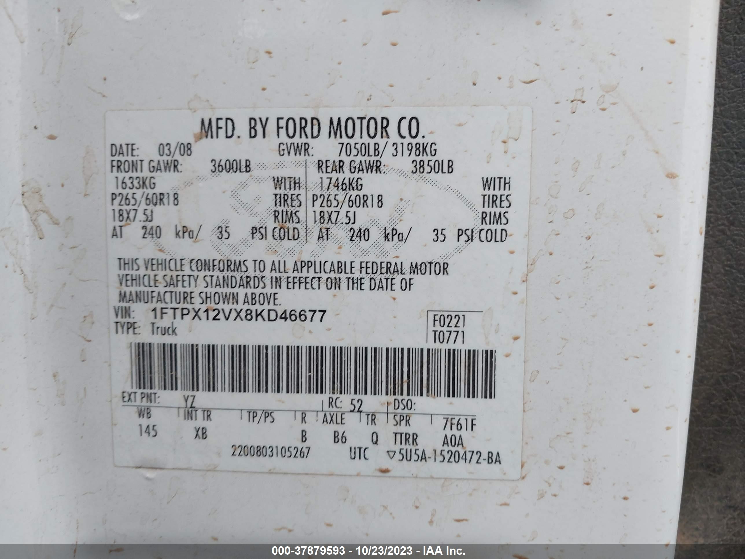 Photo 8 VIN: 1FTPX12VX8KD46677 - FORD F-150 