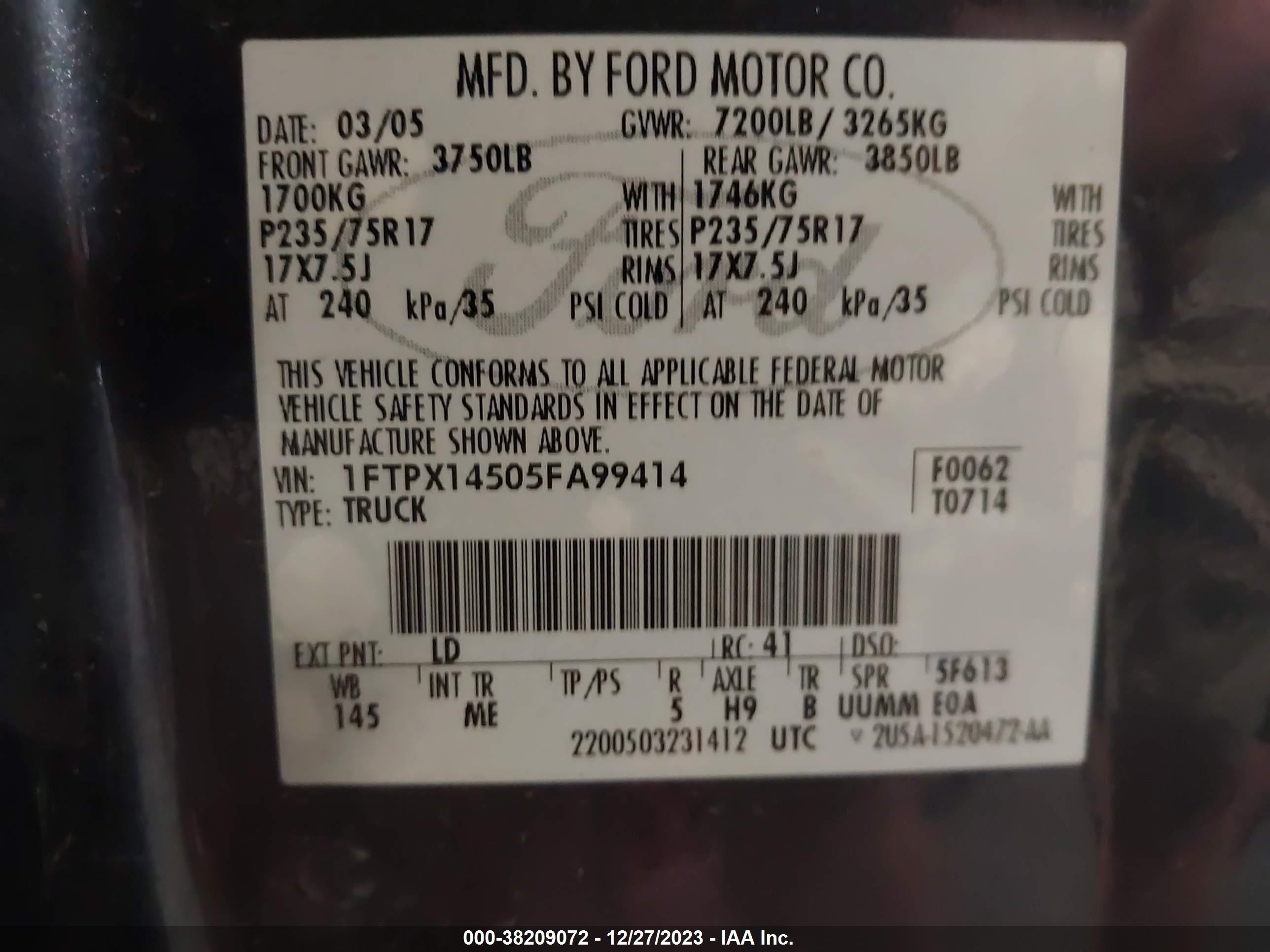 Photo 8 VIN: 1FTPX14505FA99414 - FORD F-150 