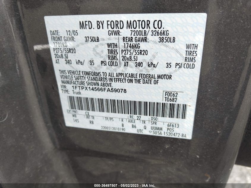 Photo 8 VIN: 1FTPX14566FA59078 - FORD F-150 