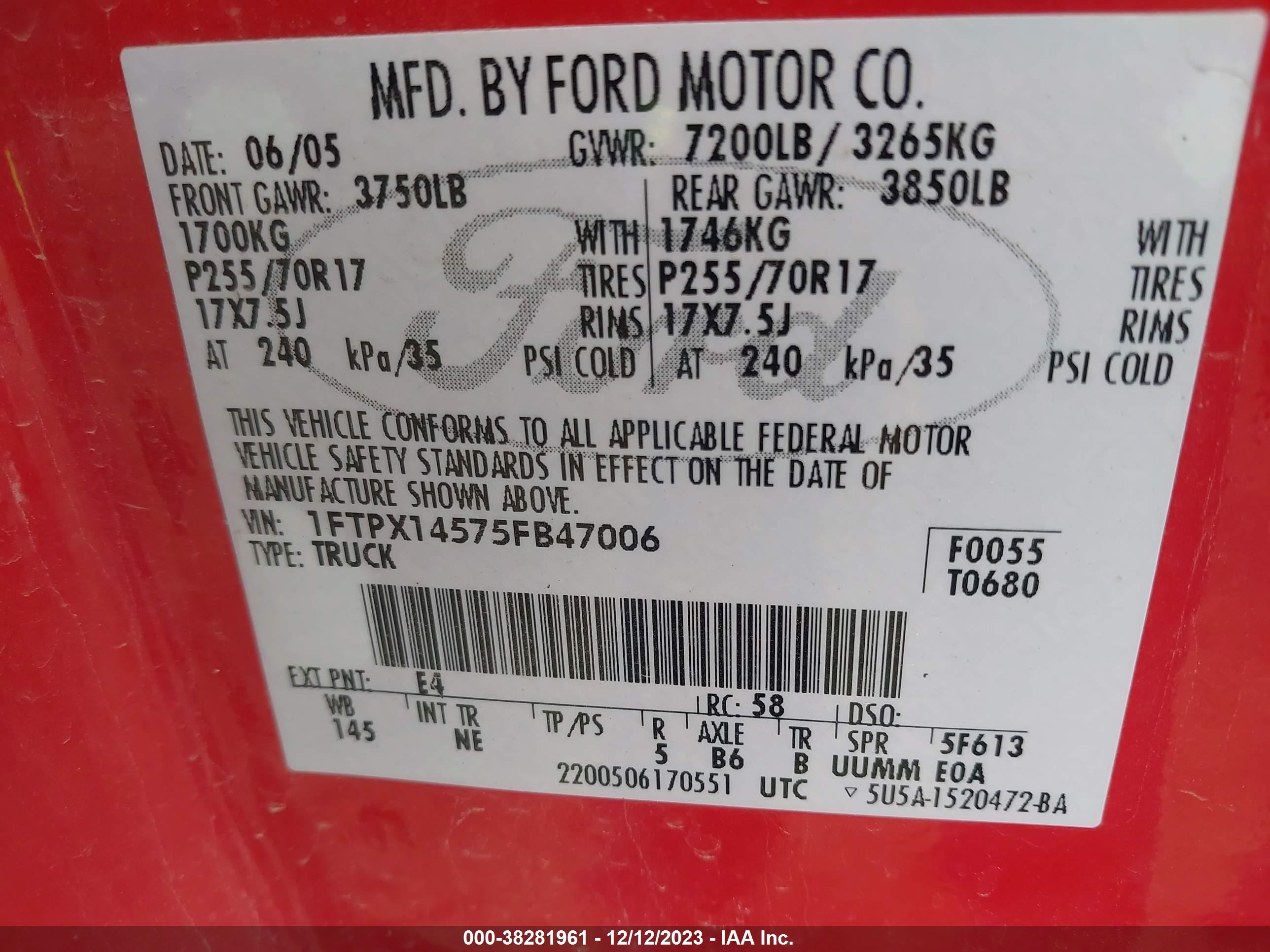 Photo 8 VIN: 1FTPX14575FB47006 - FORD F-150 