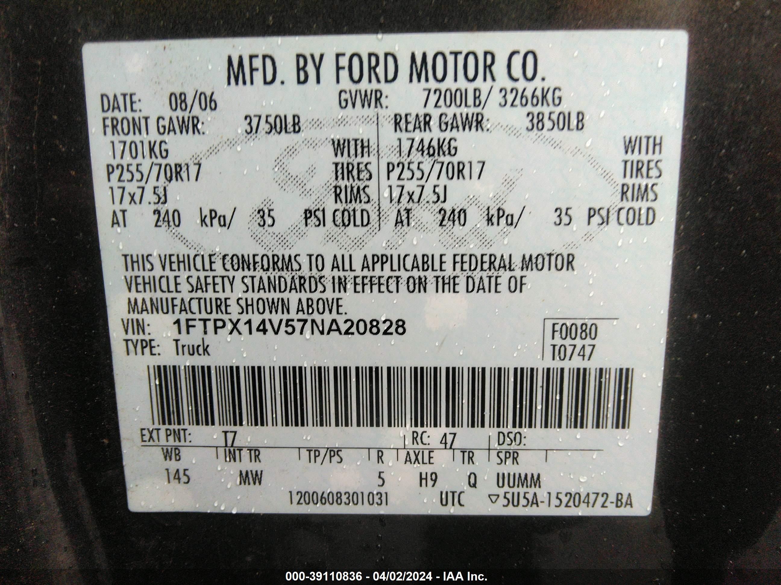 Photo 8 VIN: 1FTPX14V57NA20828 - FORD F-150 