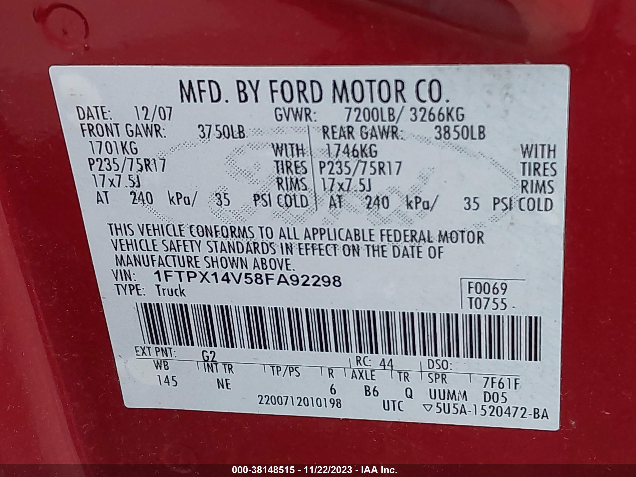 Photo 8 VIN: 1FTPX14V58FA92298 - FORD F-150 