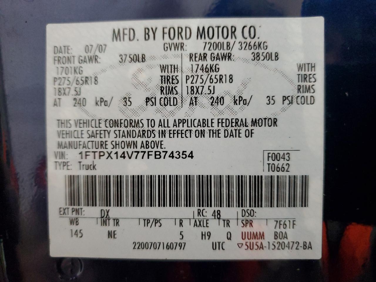 Photo 11 VIN: 1FTPX14V77FB74354 - FORD F-150 