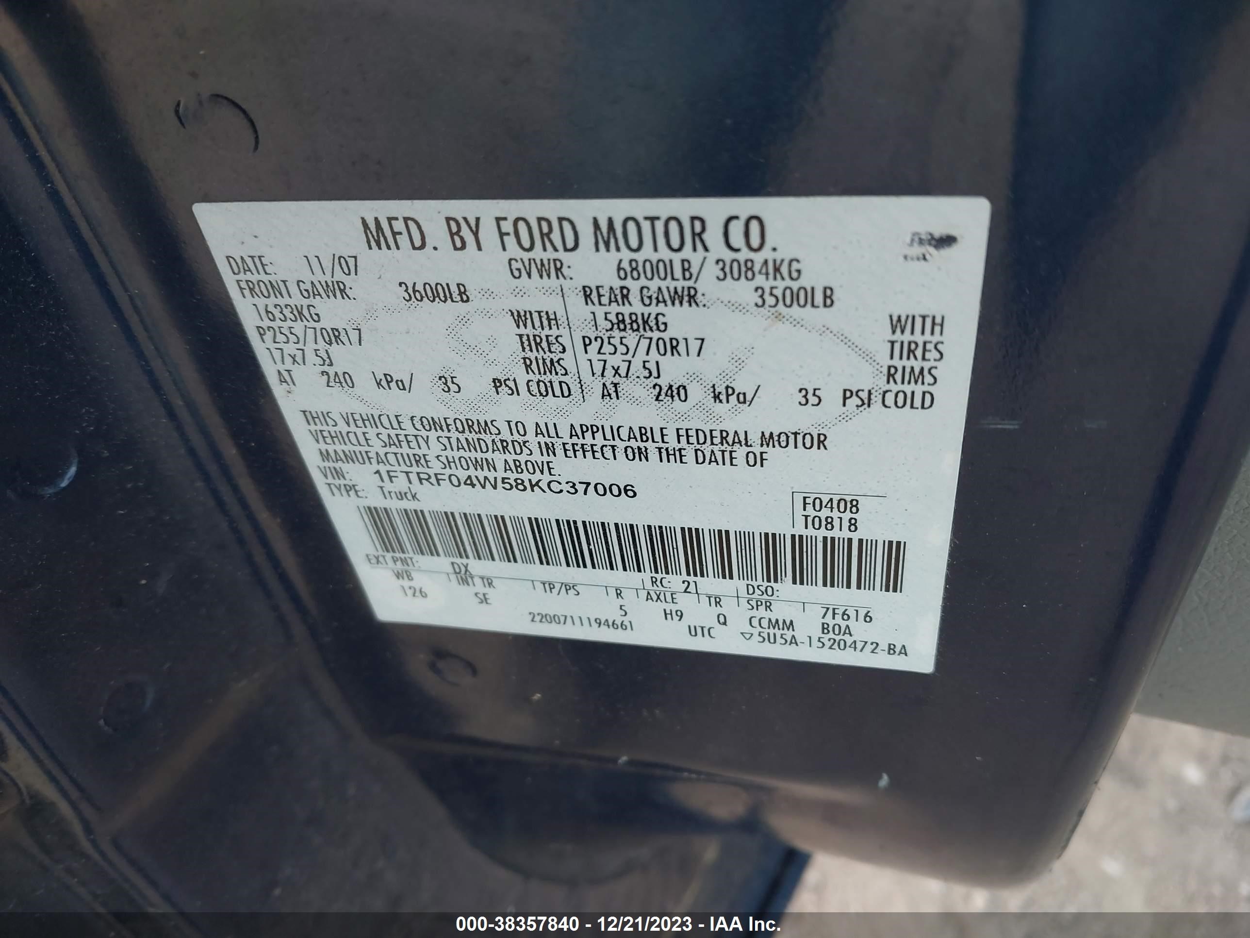 Photo 8 VIN: 1FTRF04W58KC37006 - FORD F-150 