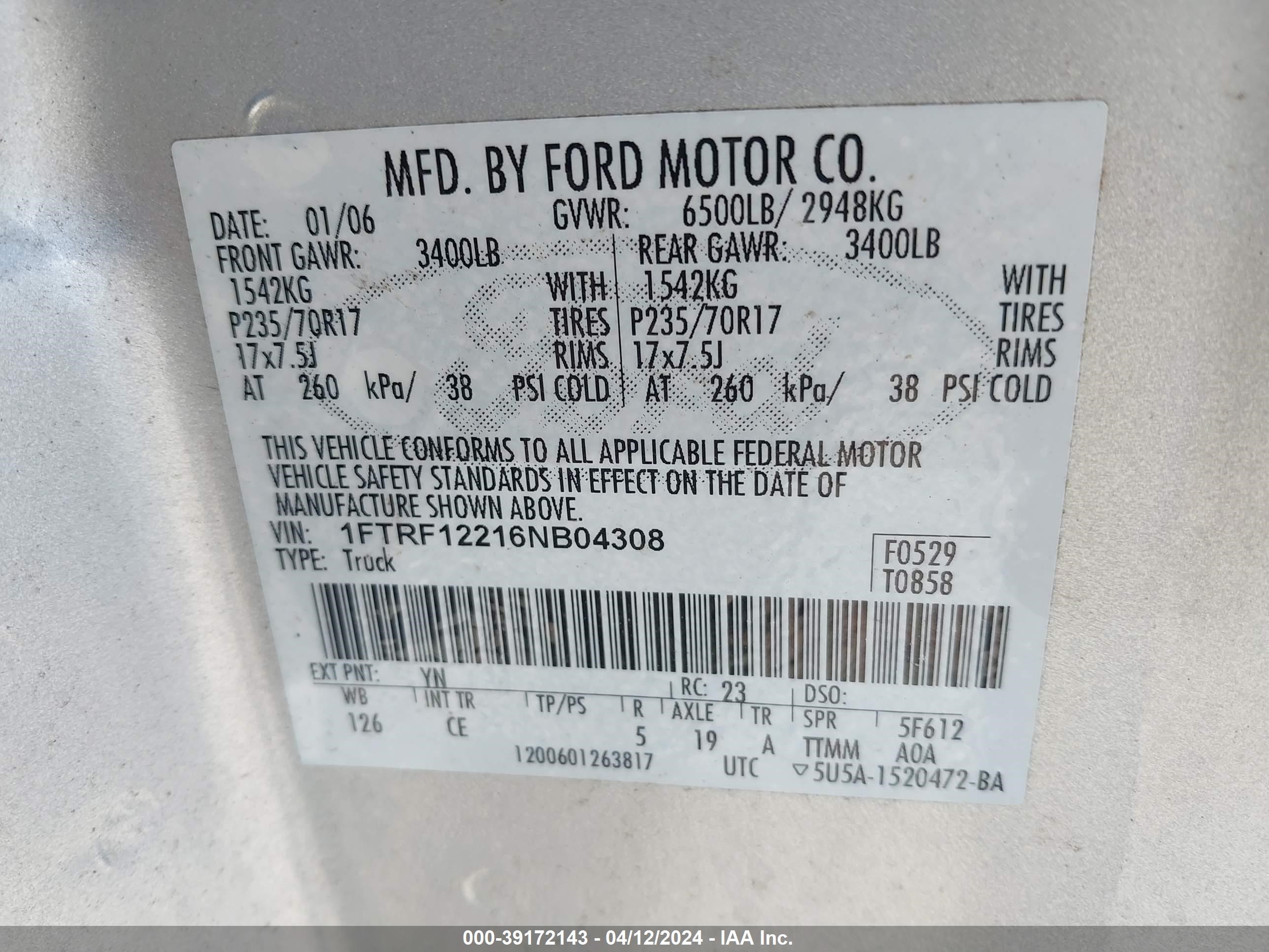 Photo 8 VIN: 1FTRF12216NB04308 - FORD F-150 