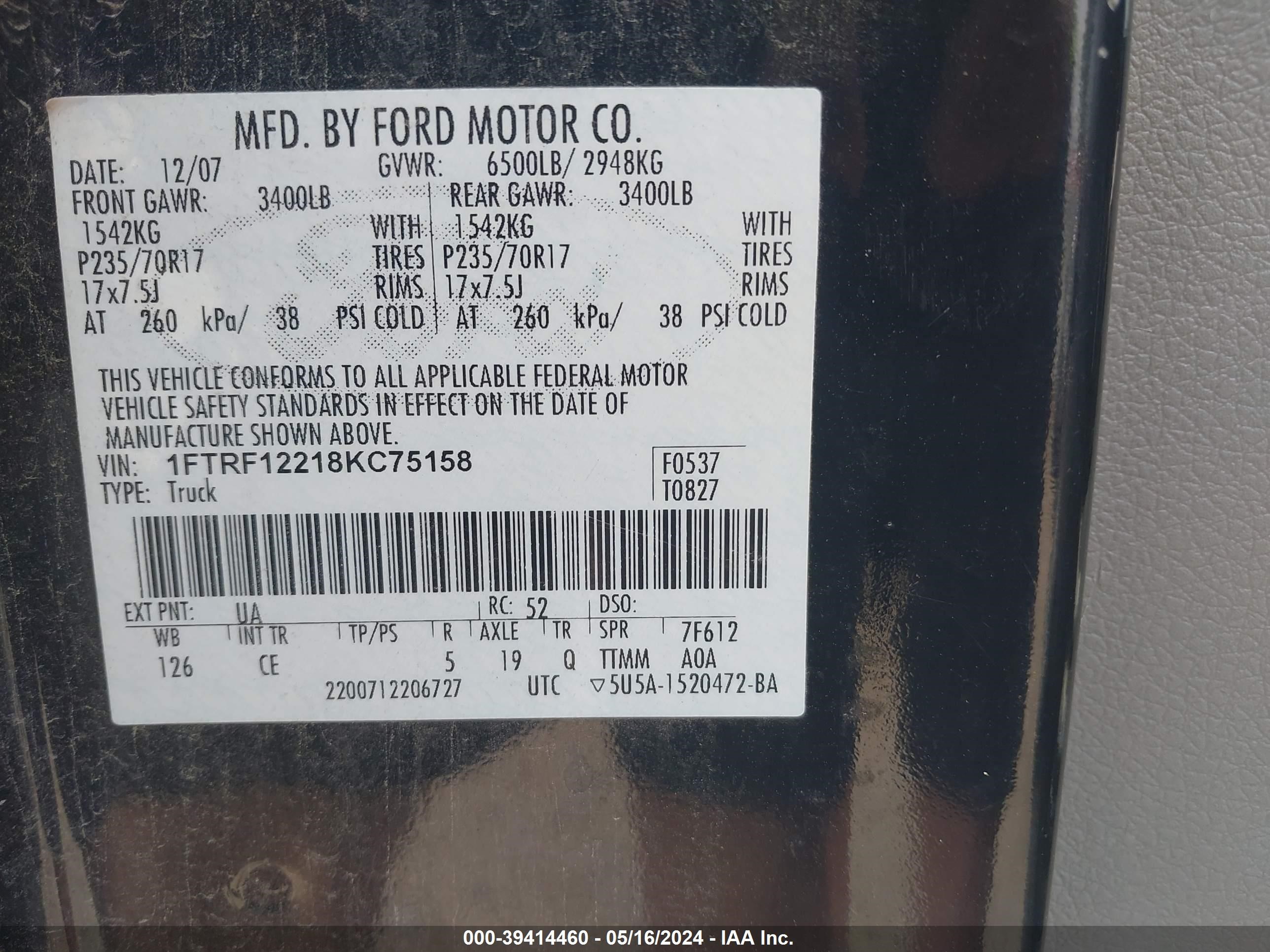 Photo 8 VIN: 1FTRF12218KC75158 - FORD F-150 