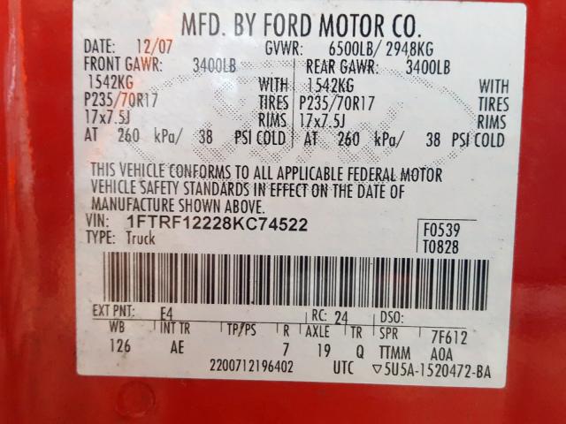 Photo 9 VIN: 1FTRF12228KC74522 - FORD F-150 