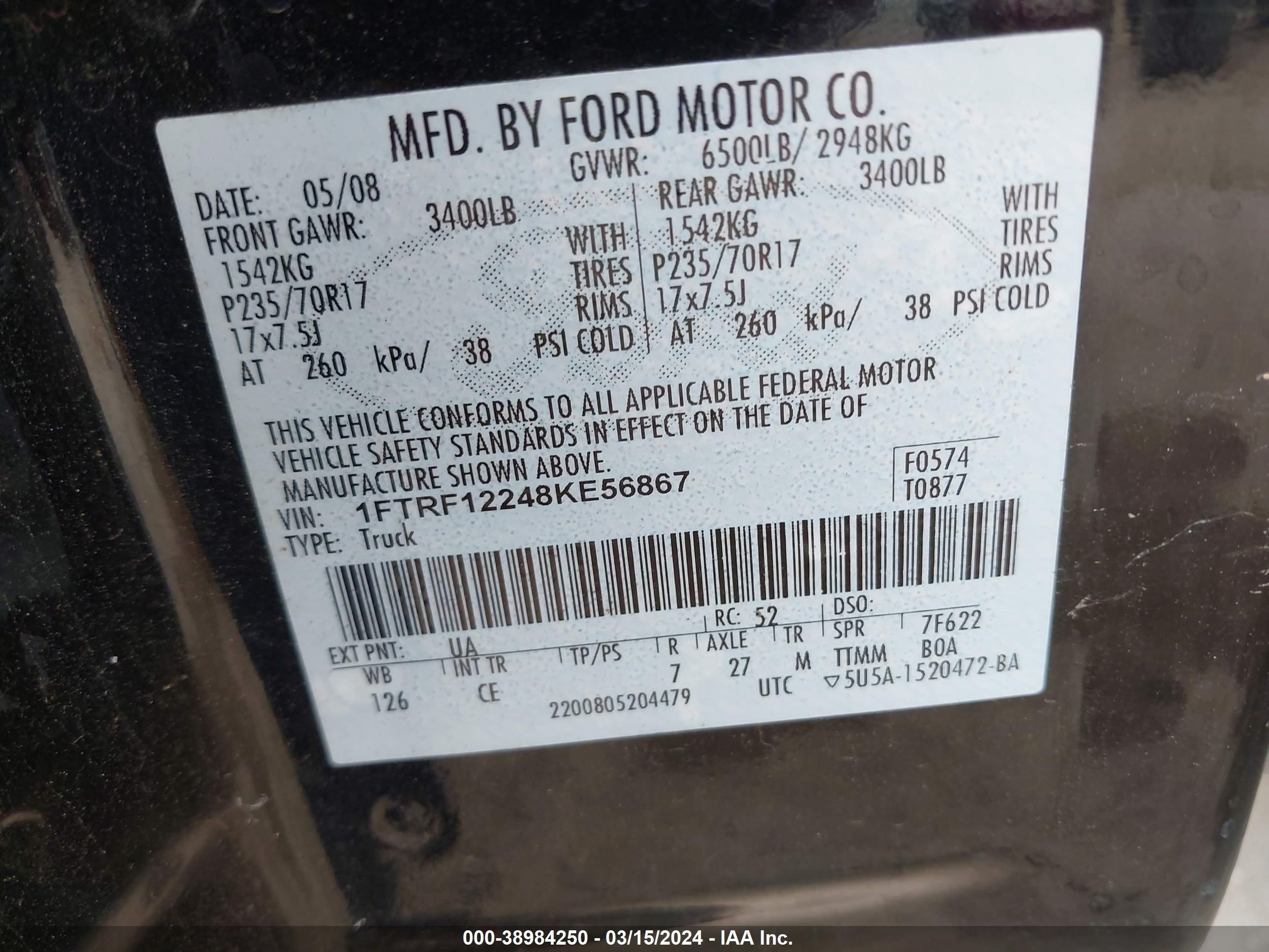 Photo 8 VIN: 1FTRF12248KE56867 - FORD F-150 