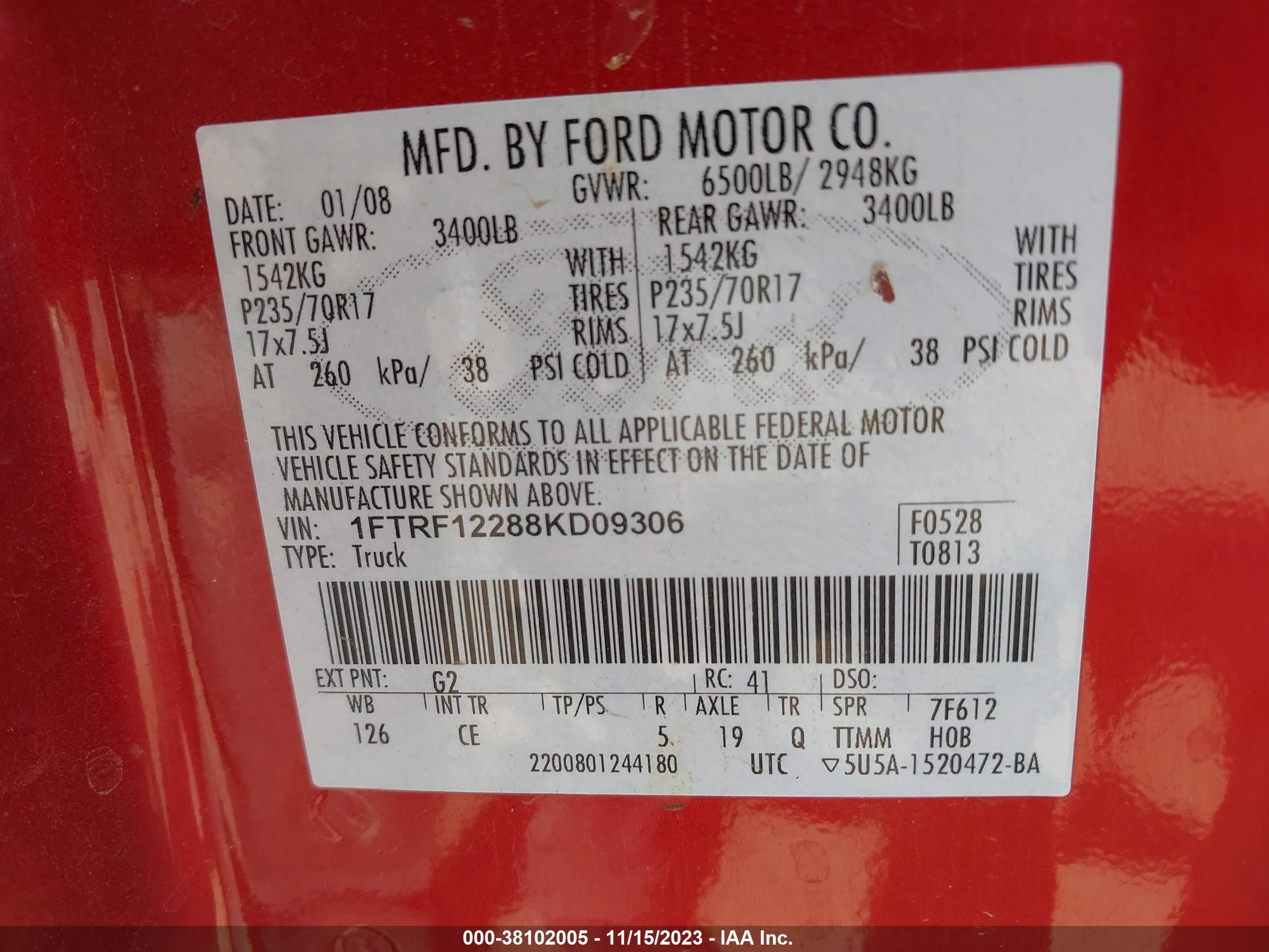 Photo 8 VIN: 1FTRF12288KD09306 - FORD F-150 