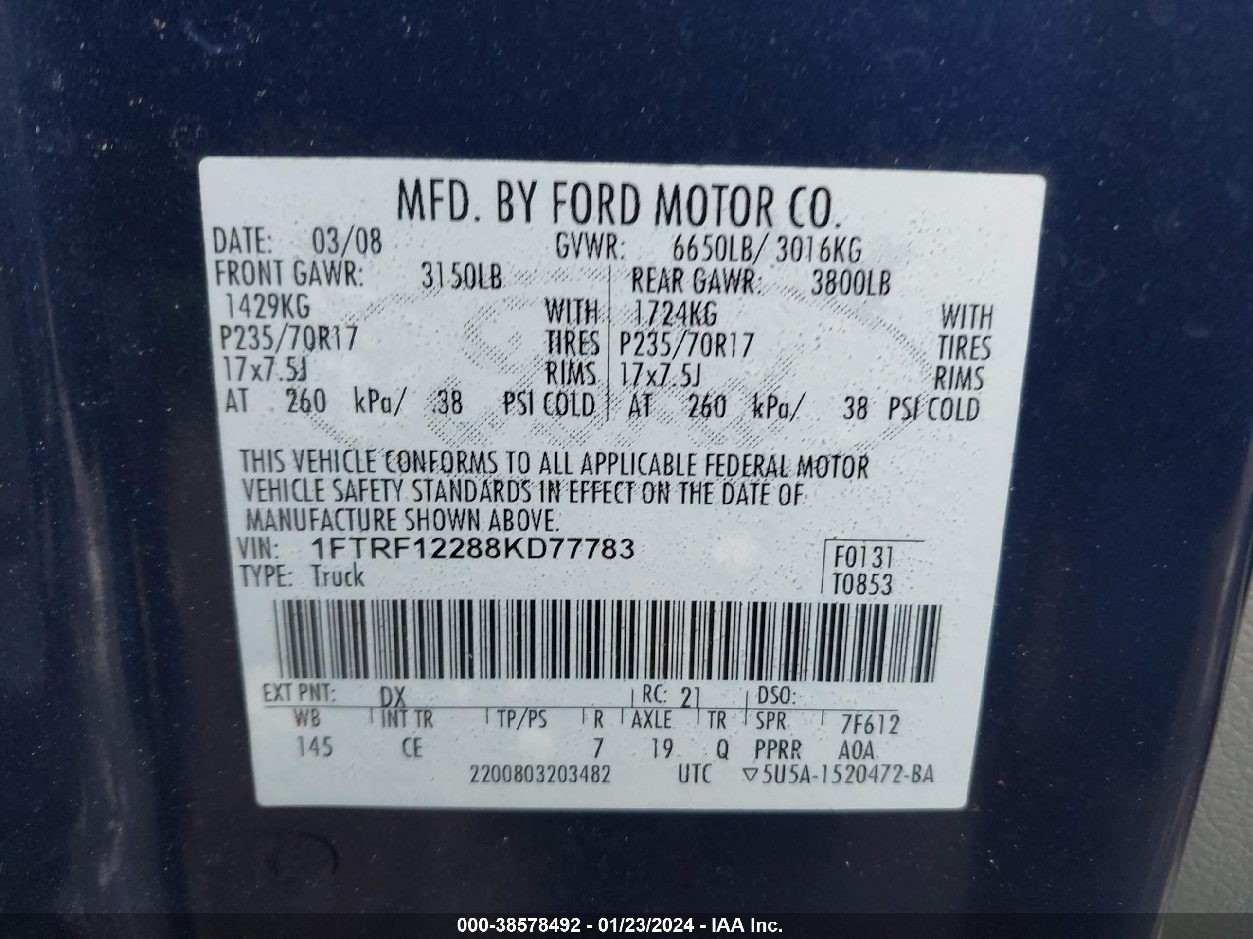 Photo 8 VIN: 1FTRF12288KD77783 - FORD F-150 