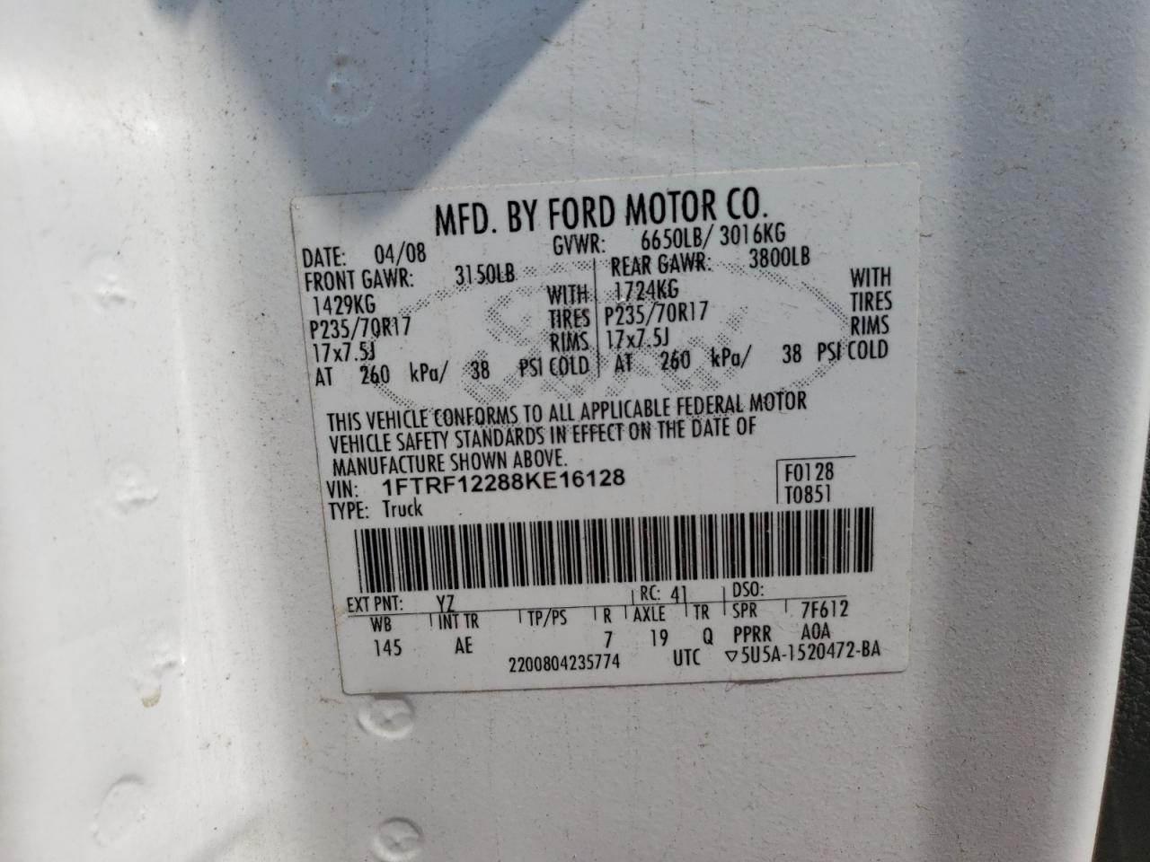 Photo 11 VIN: 1FTRF12288KE16128 - FORD F-150 