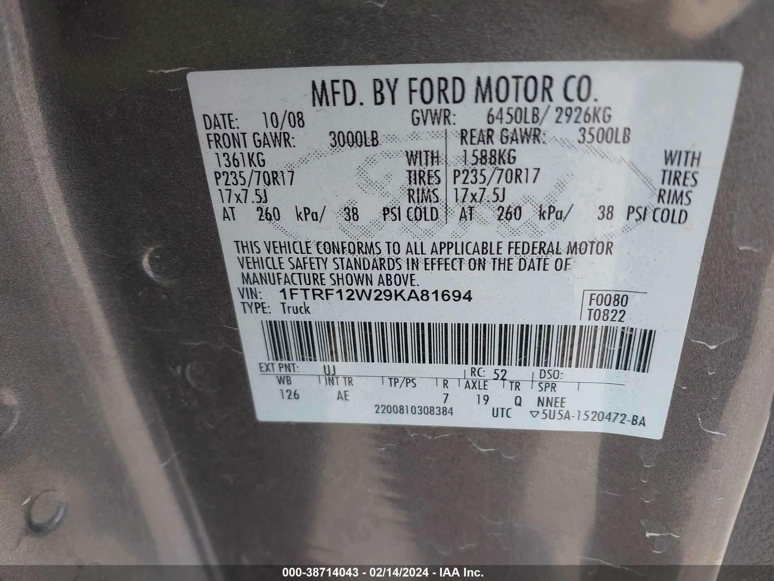 Photo 8 VIN: 1FTRF12W29KA81694 - FORD F-150 