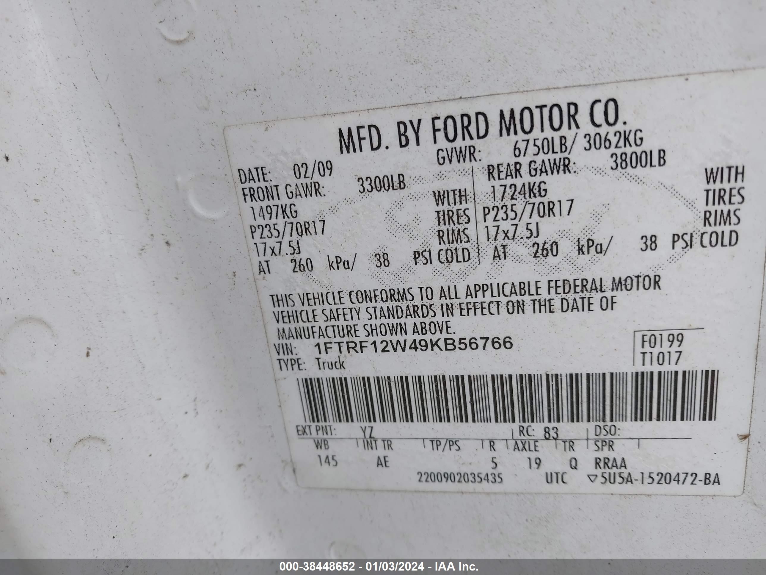 Photo 8 VIN: 1FTRF12W49KB56766 - FORD F-150 