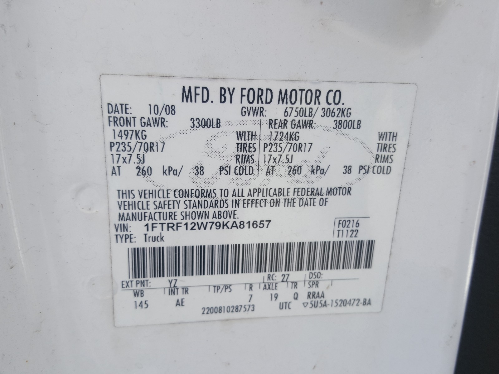 Photo 9 VIN: 1FTRF12W79KA81657 - FORD F150 