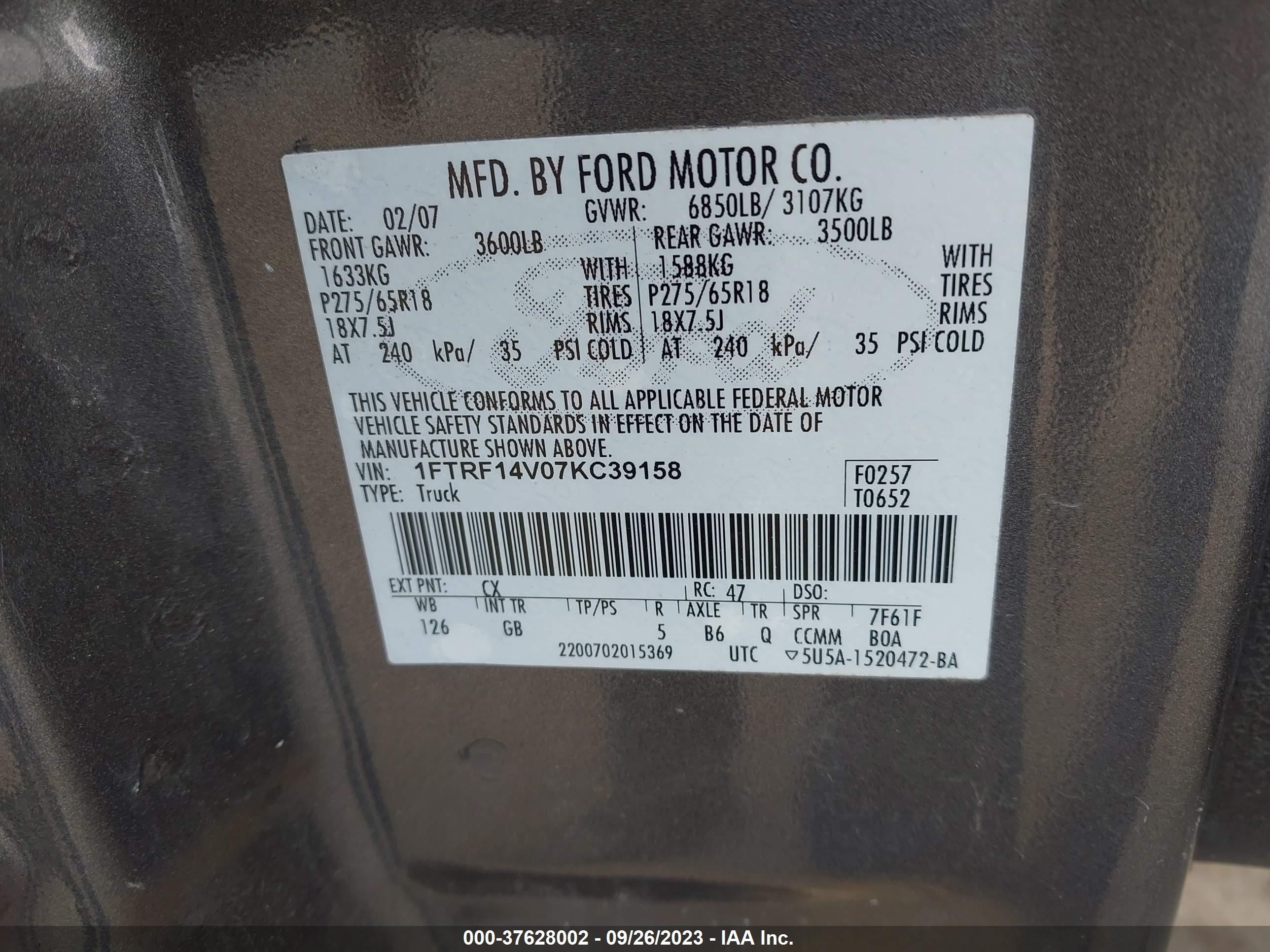 Photo 8 VIN: 1FTRF14V07KC39158 - FORD F-150 