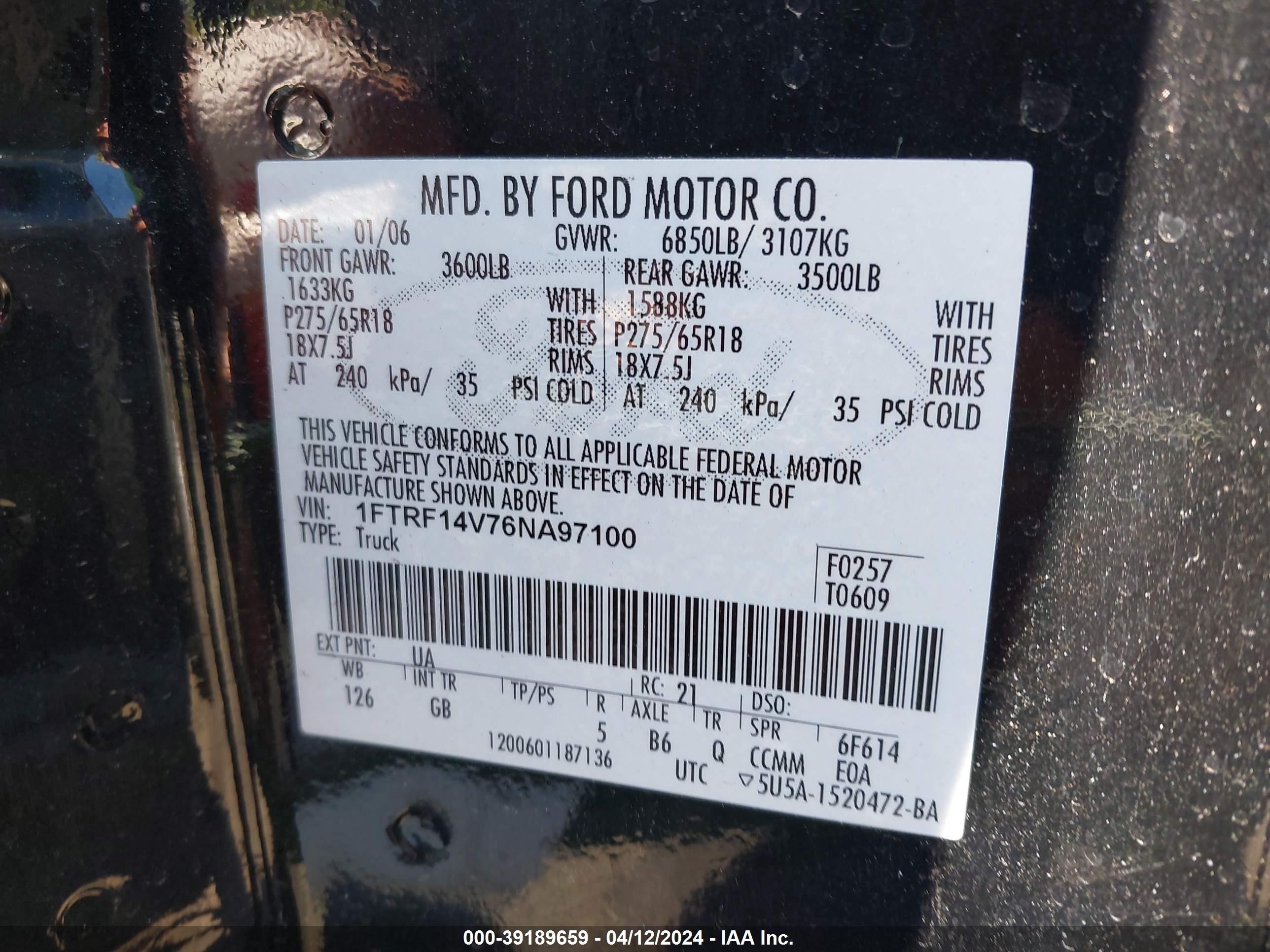 Photo 8 VIN: 1FTRF14V76NA97100 - FORD F-150 