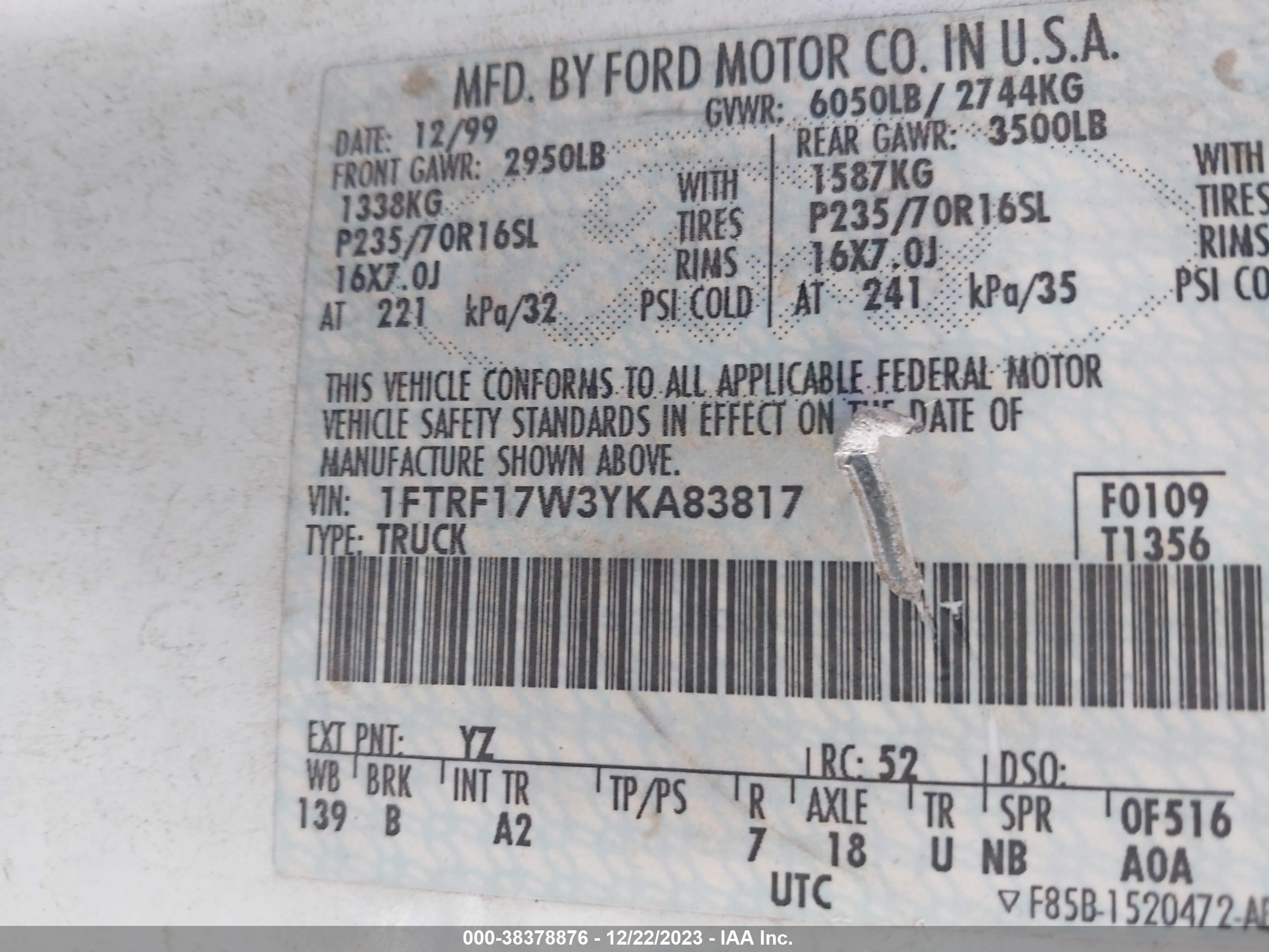 Photo 8 VIN: 1FTRF17W3YKA83817 - FORD F-150 