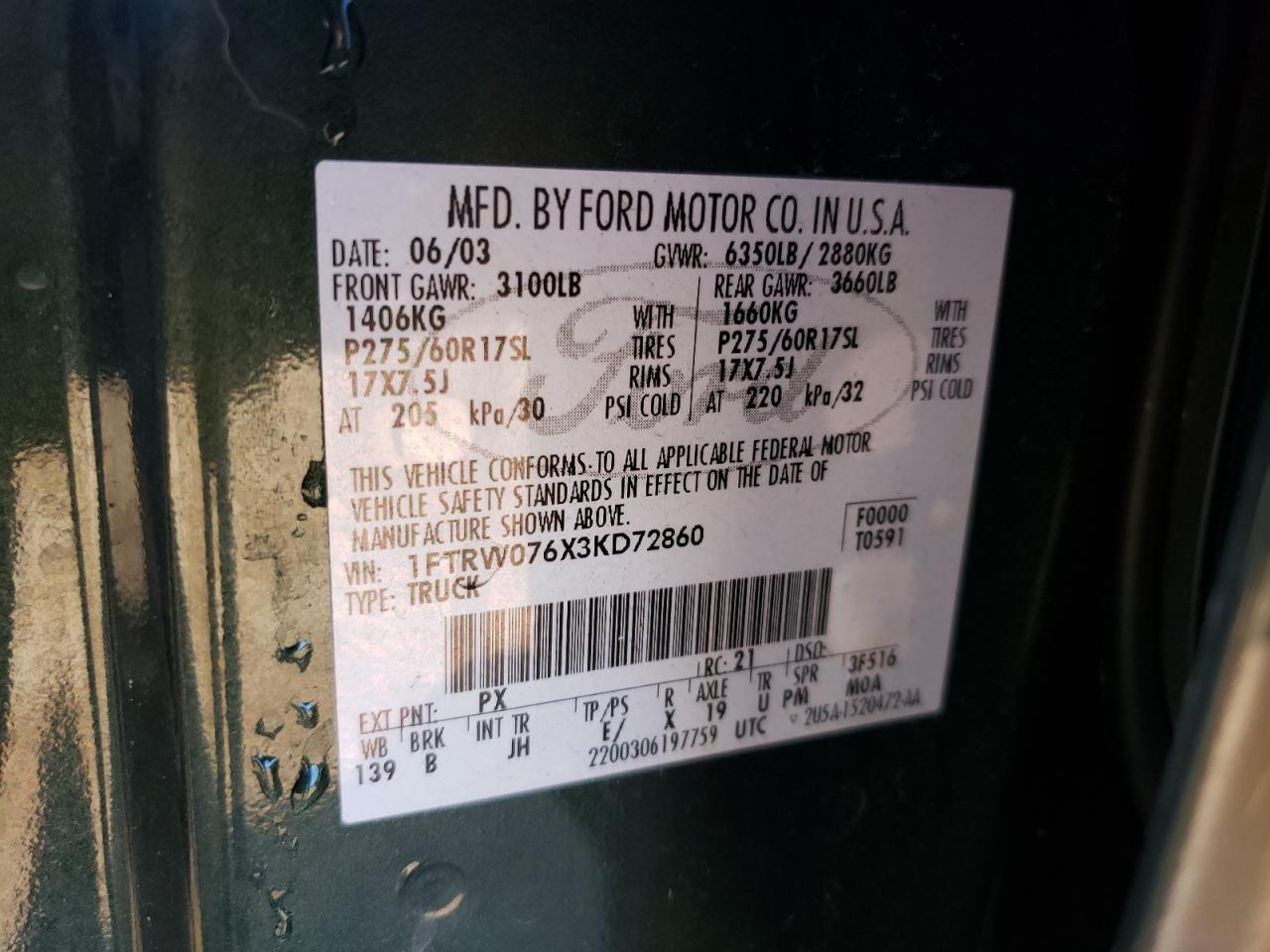 Photo 12 VIN: 1FTRW076X3KD72860 - FORD F-150 