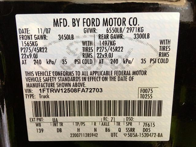 Photo 9 VIN: 1FTRW12508FA72703 - FORD F150 SUPER 