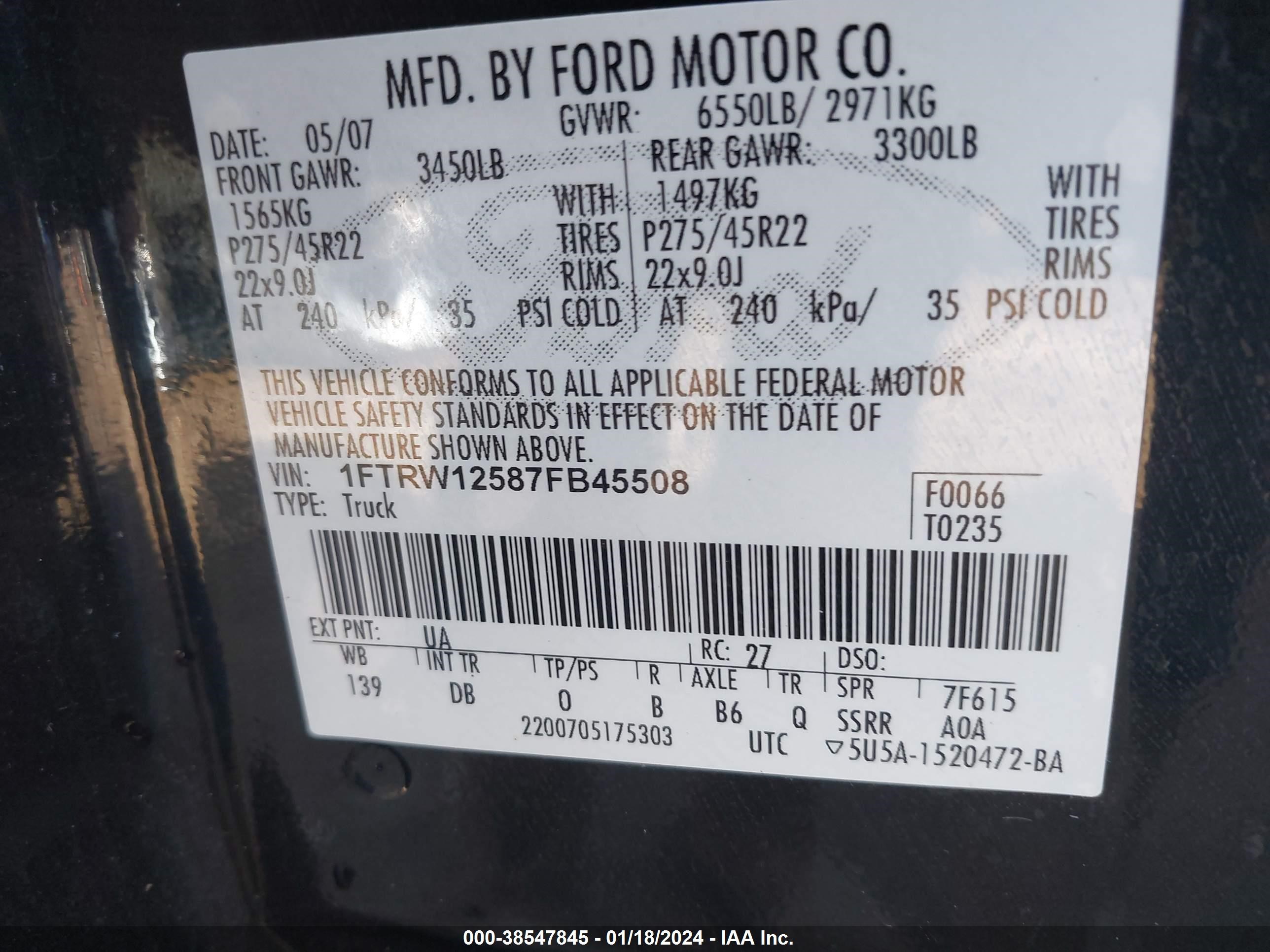 Photo 8 VIN: 1FTRW12587FB45508 - FORD F-150 