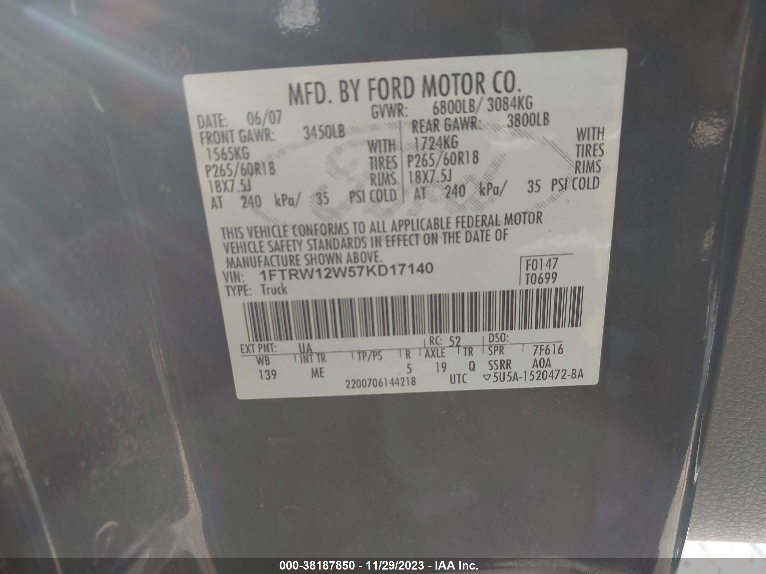 Photo 8 VIN: 1FTRW12W57KD17140 - FORD F-150 