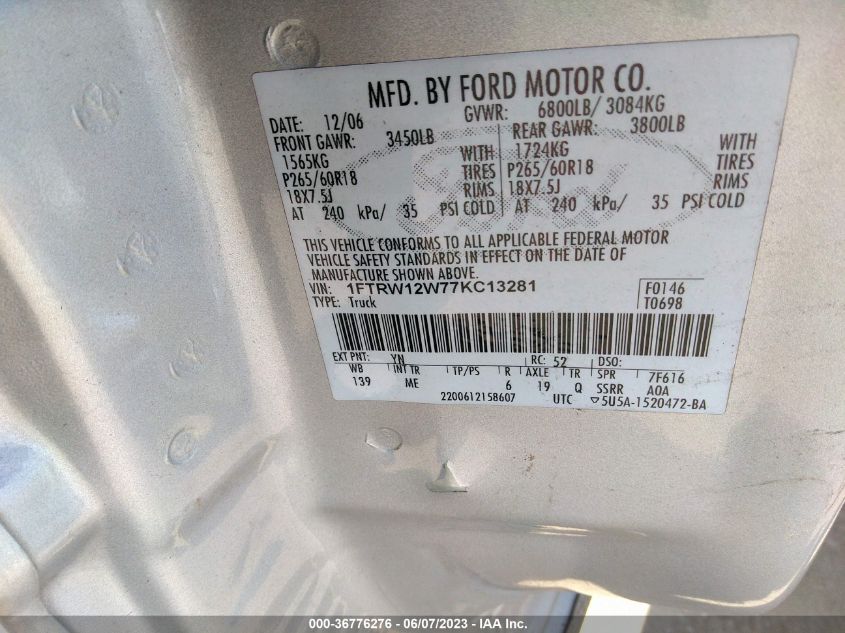 Photo 8 VIN: 1FTRW12W77KC13281 - FORD F-150 