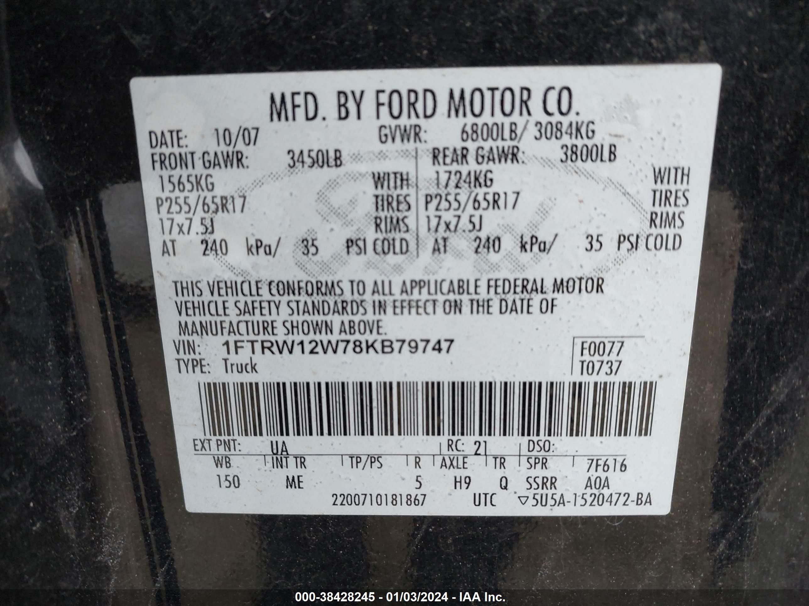 Photo 8 VIN: 1FTRW12W78KB79747 - FORD F-150 