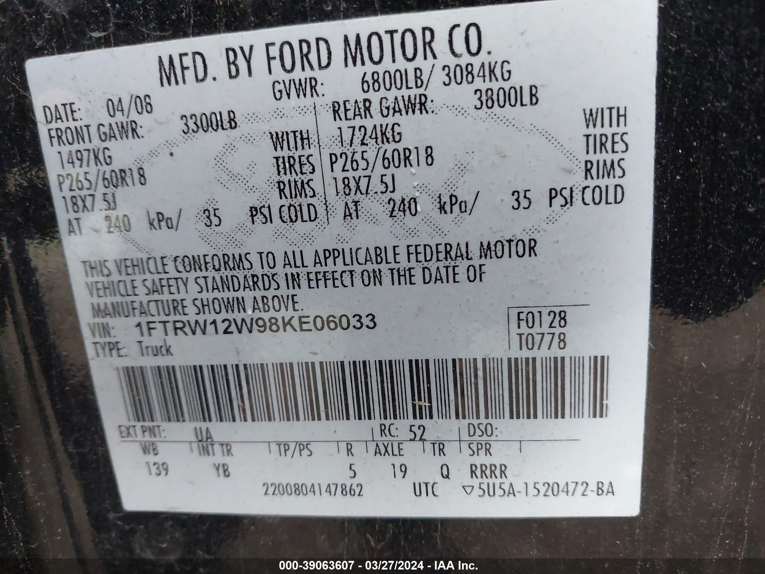 Photo 8 VIN: 1FTRW12W98KE06033 - FORD F-150 