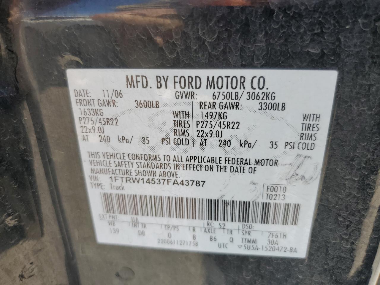 Photo 11 VIN: 1FTRW14537FA43787 - FORD F-150 