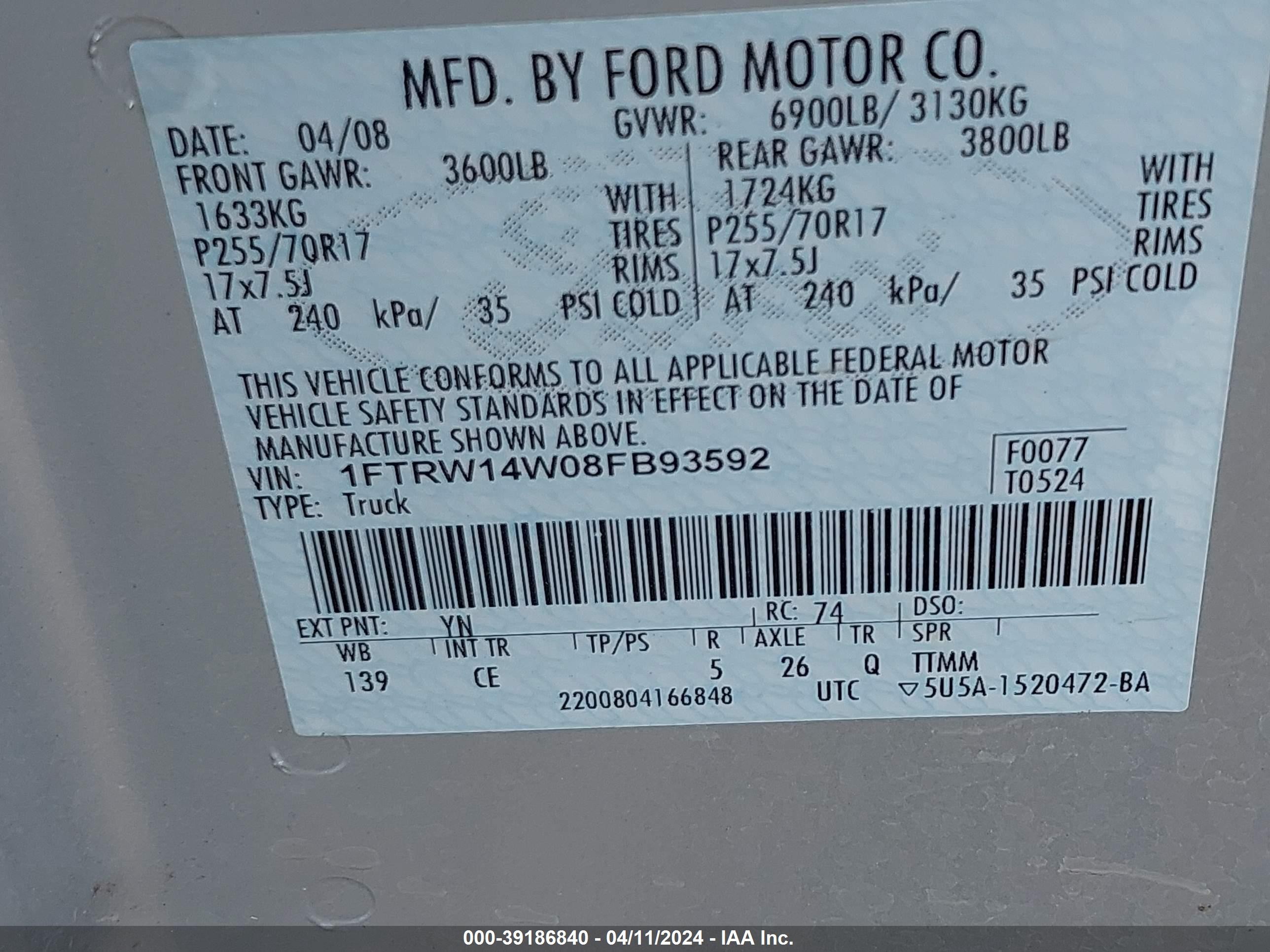 Photo 8 VIN: 1FTRW14W08FB93592 - FORD F-150 