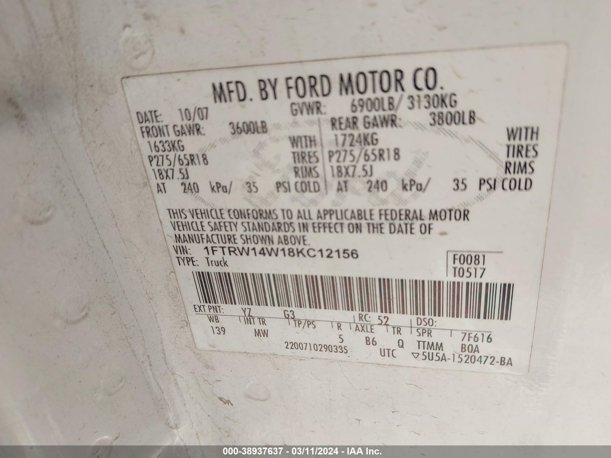 Photo 8 VIN: 1FTRW14W18KC12156 - FORD F-150 