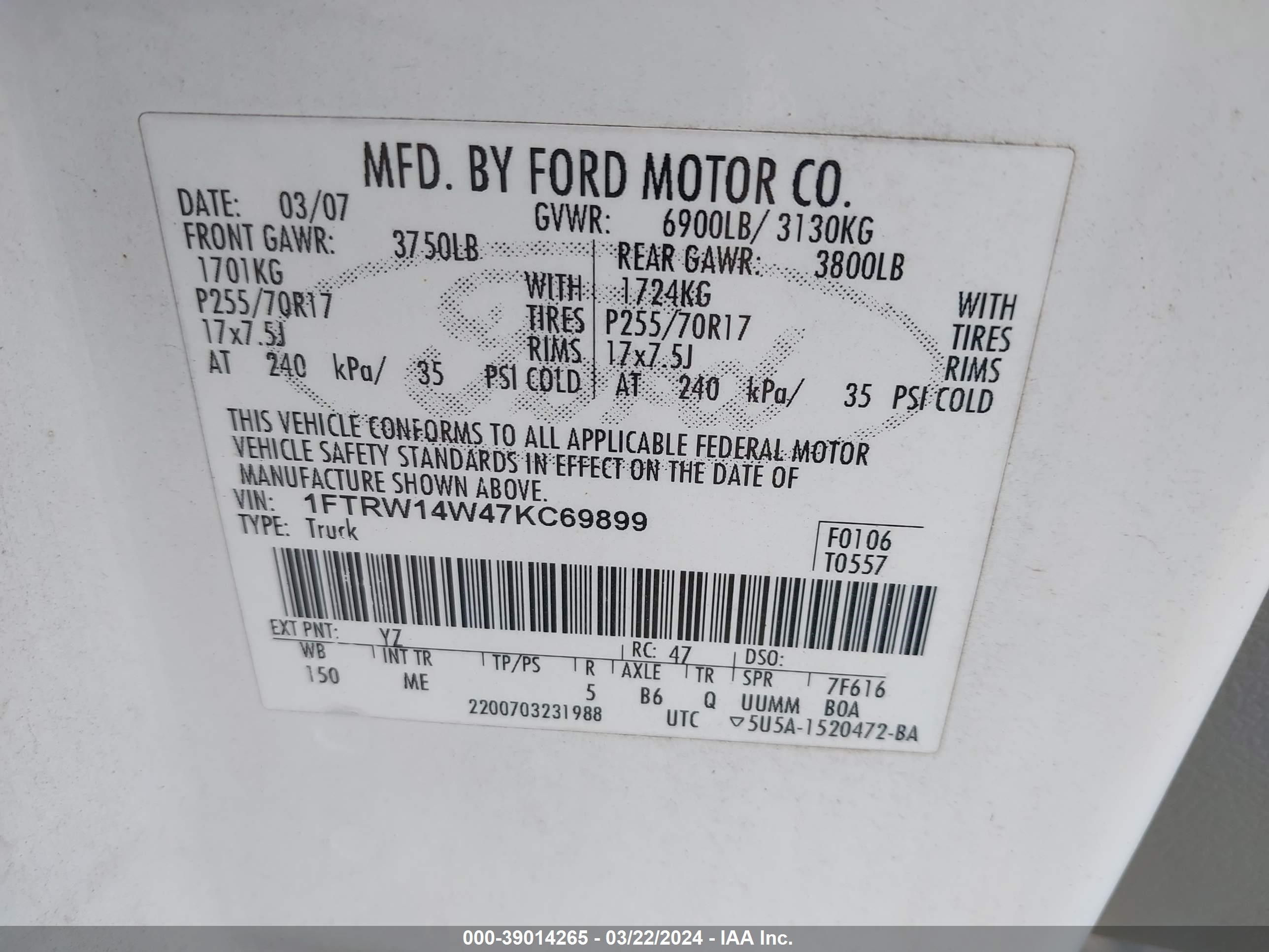 Photo 8 VIN: 1FTRW14W47KC69899 - FORD F-150 