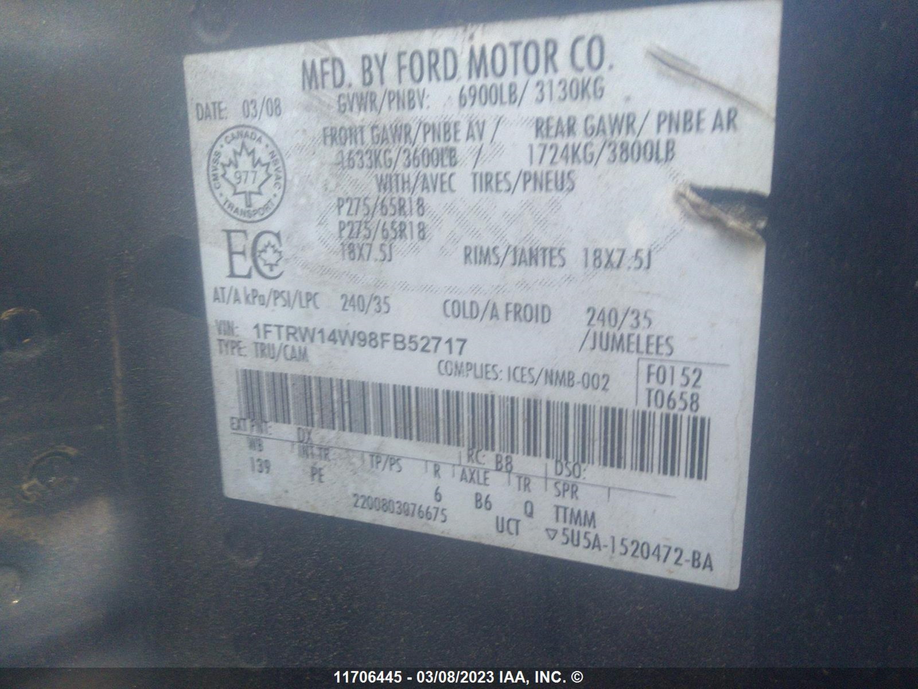 Photo 8 VIN: 1FTRW14W98FB52717 - FORD F-150 