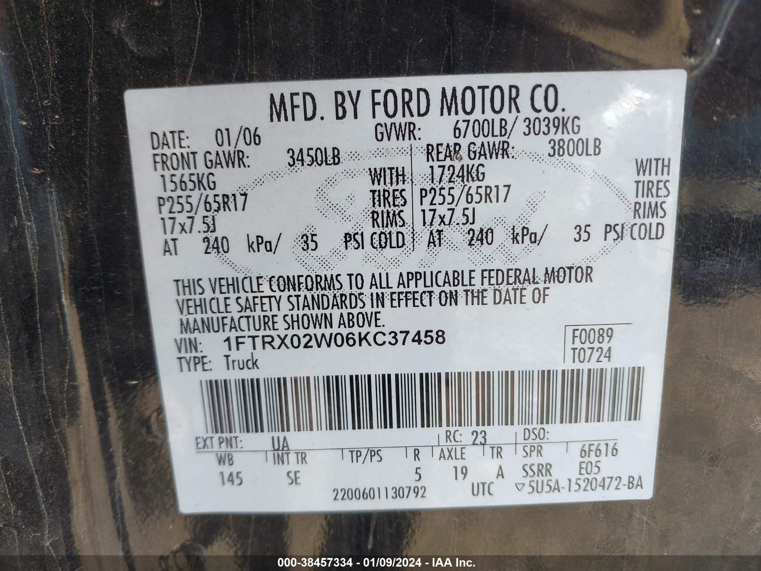 Photo 8 VIN: 1FTRX02W06KC37458 - FORD F-150 