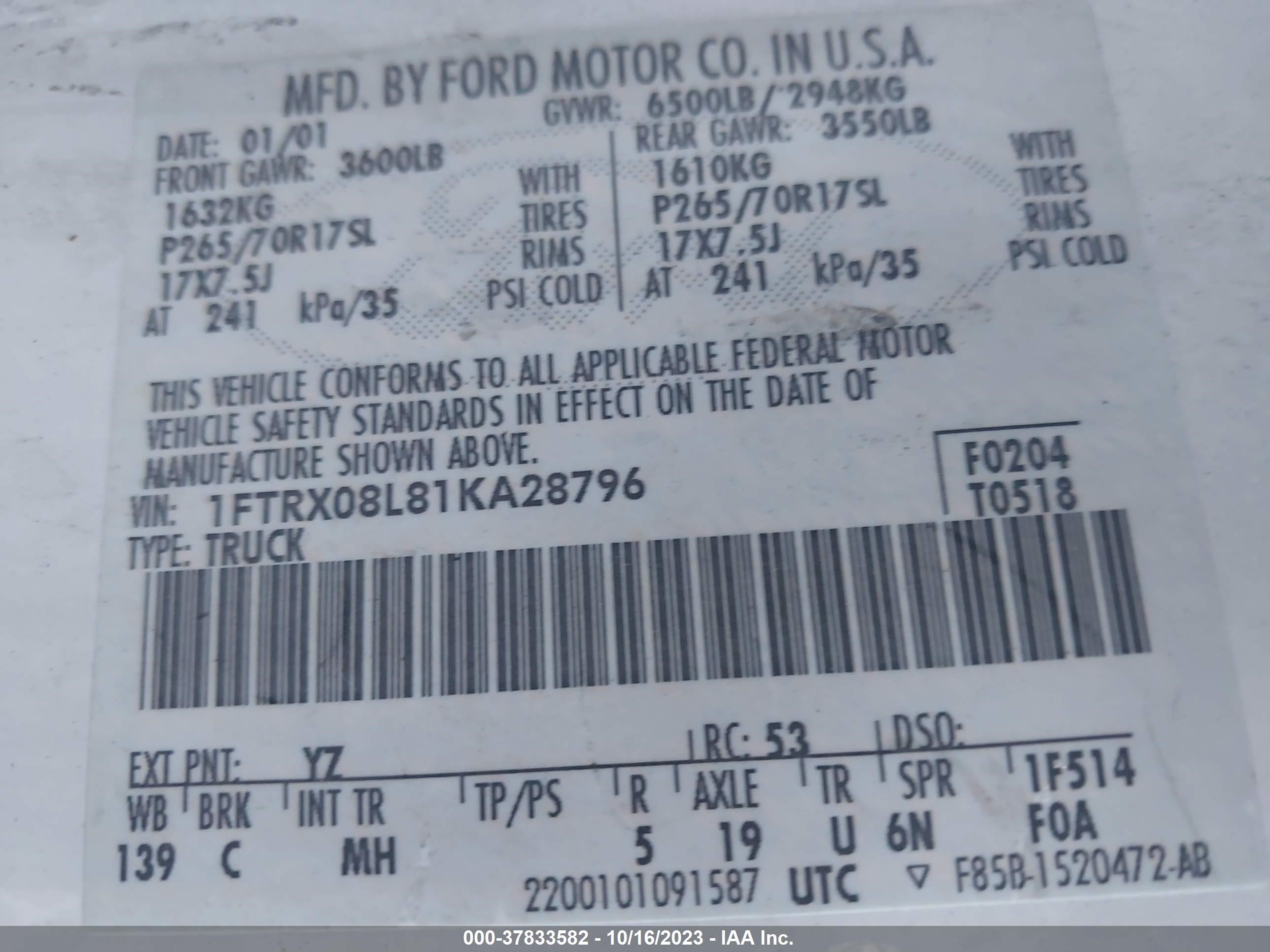 Photo 8 VIN: 1FTRX08L81KA28796 - FORD F-150 