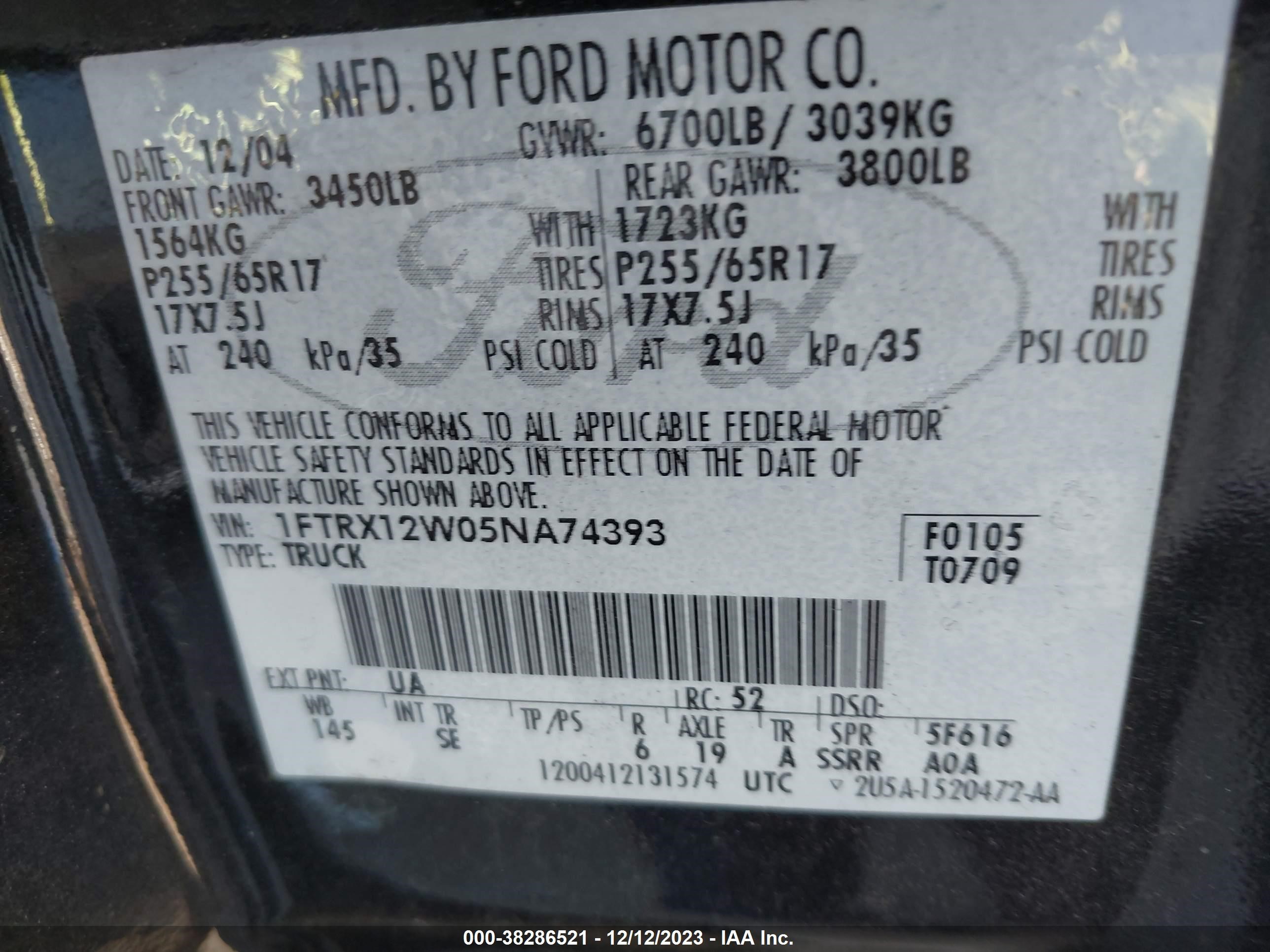 Photo 8 VIN: 1FTRX12W05NA74393 - FORD F-150 