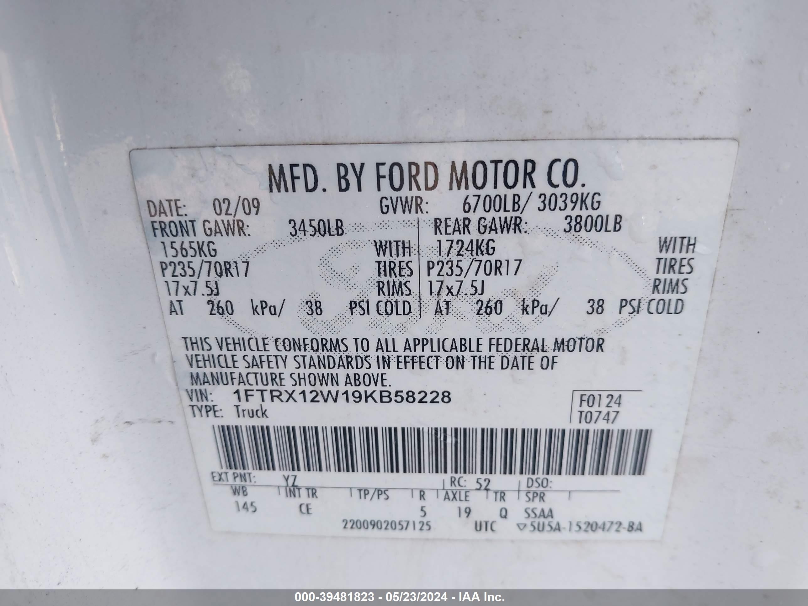 Photo 8 VIN: 1FTRX12W19KB58228 - FORD F-150 