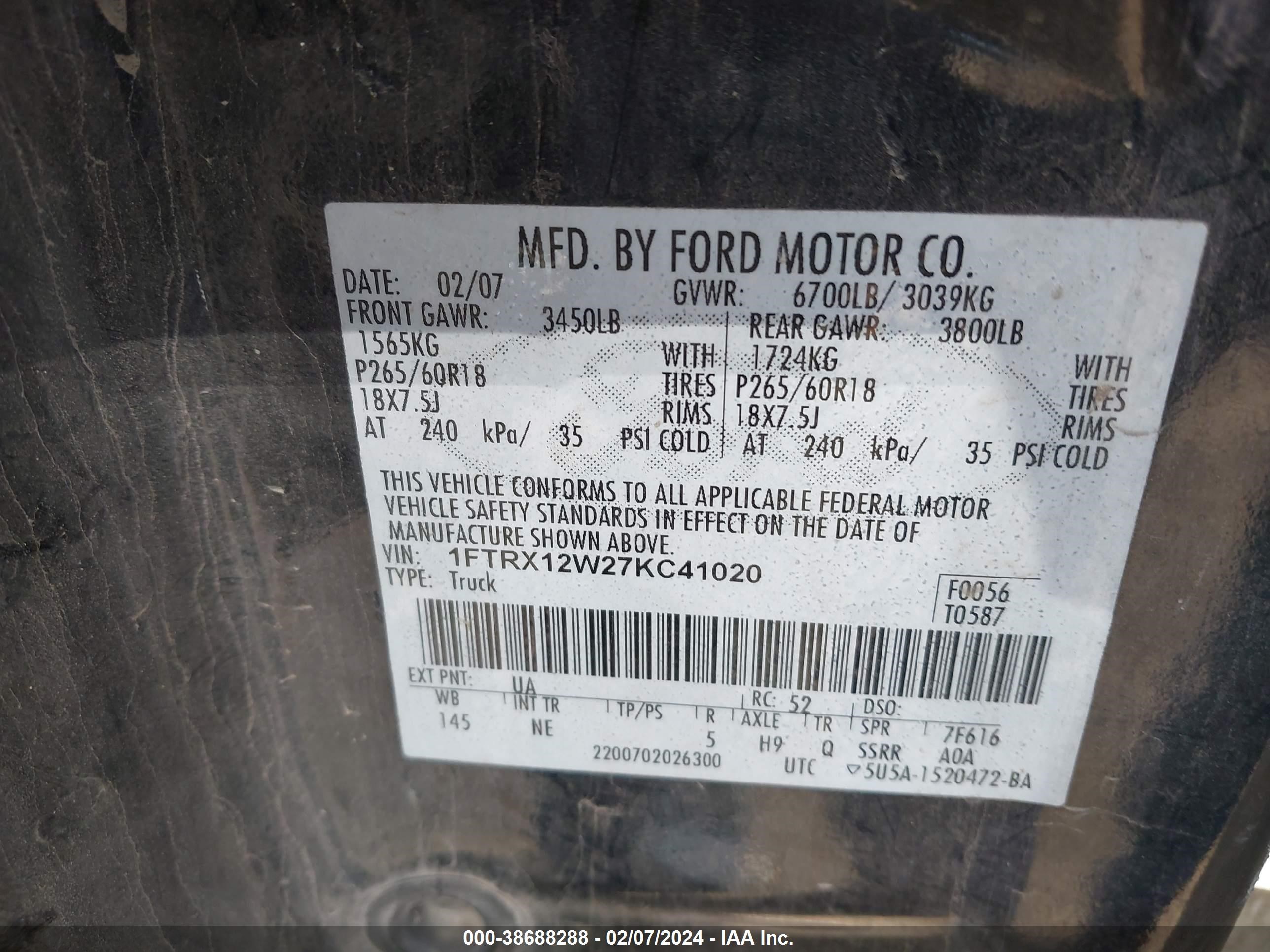 Photo 8 VIN: 1FTRX12W27KC41020 - FORD F-150 