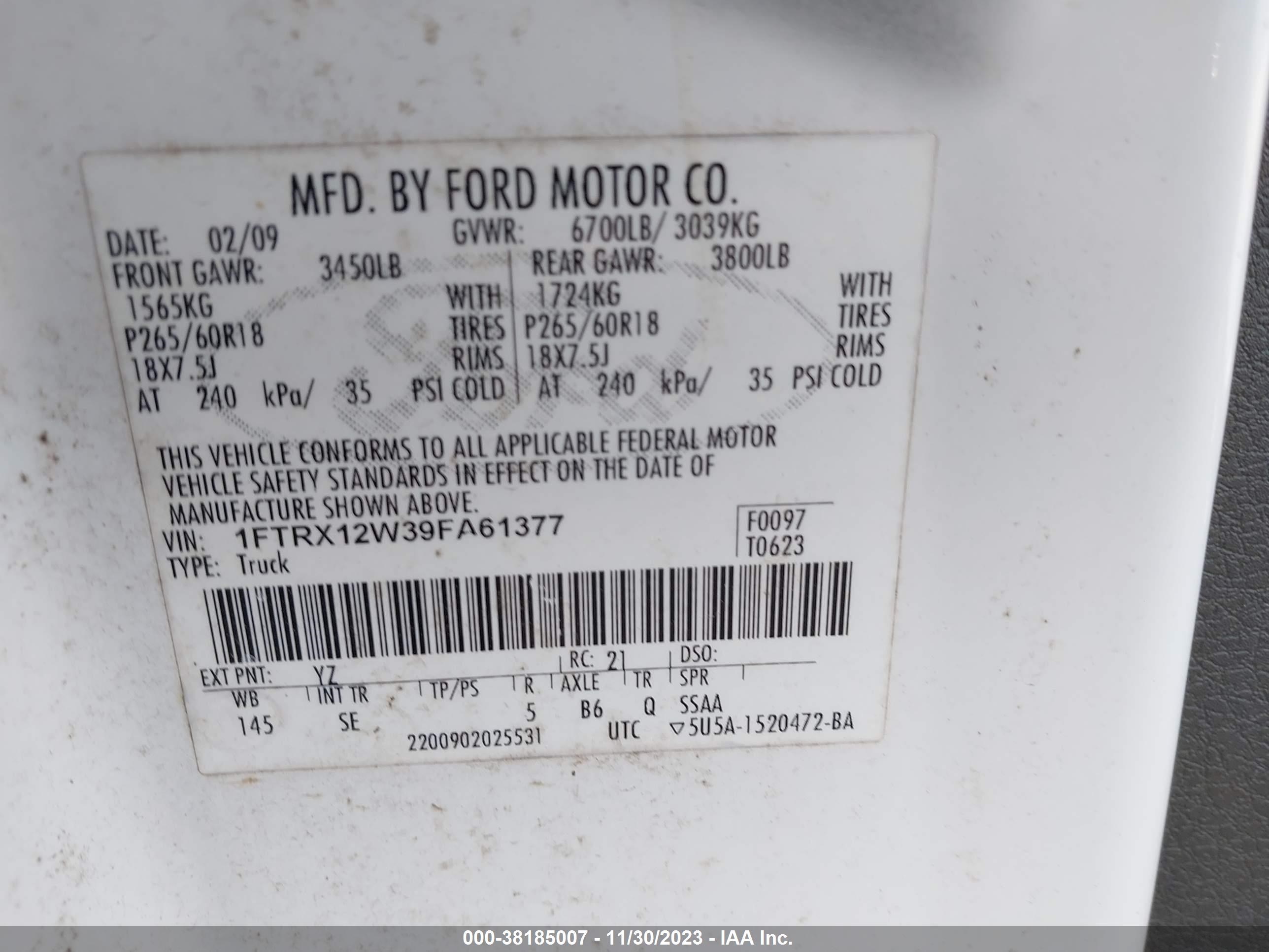 Photo 8 VIN: 1FTRX12W39FA61377 - FORD F-150 